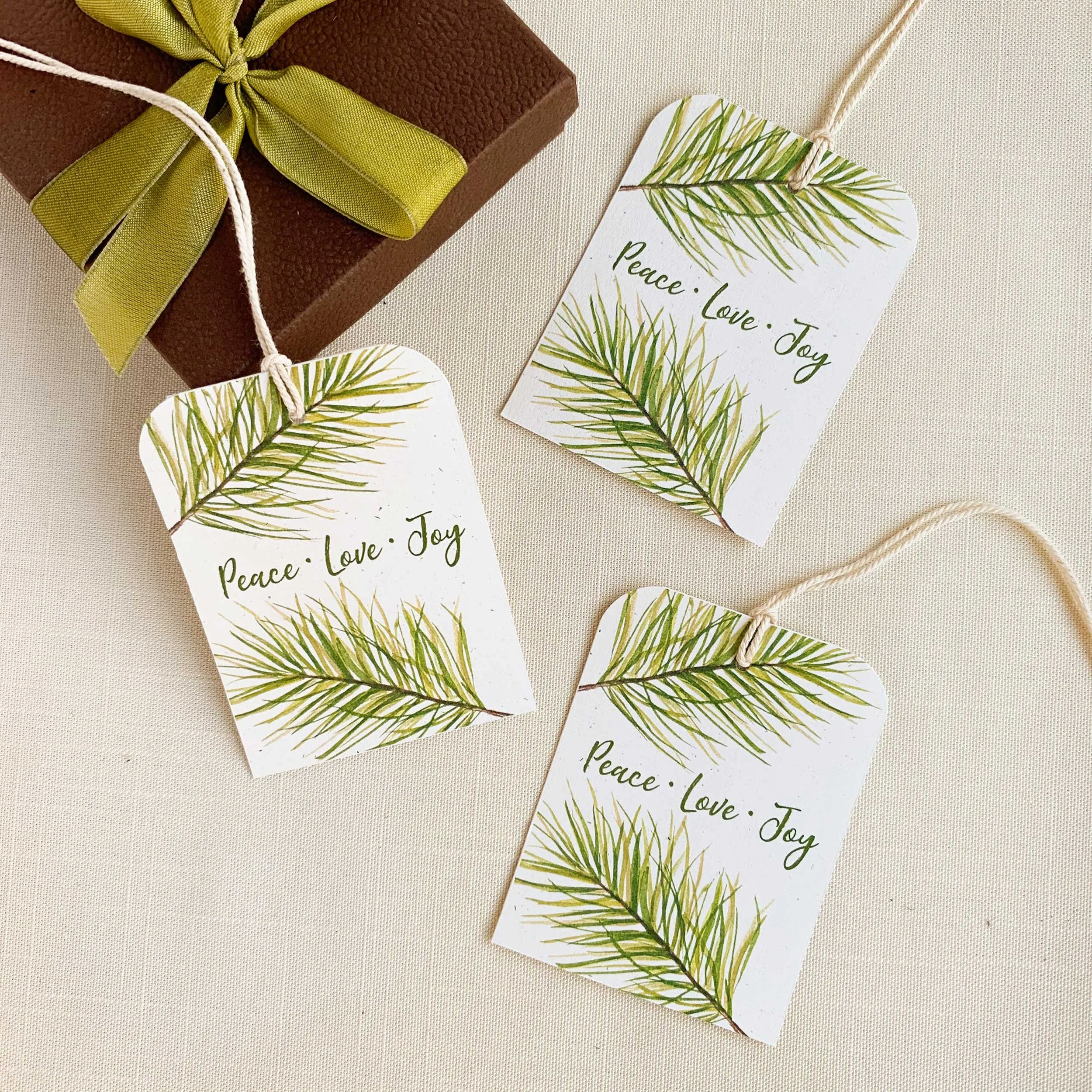 Peace, Love, Joy Evergreen Gift Tags featuring watercolor art