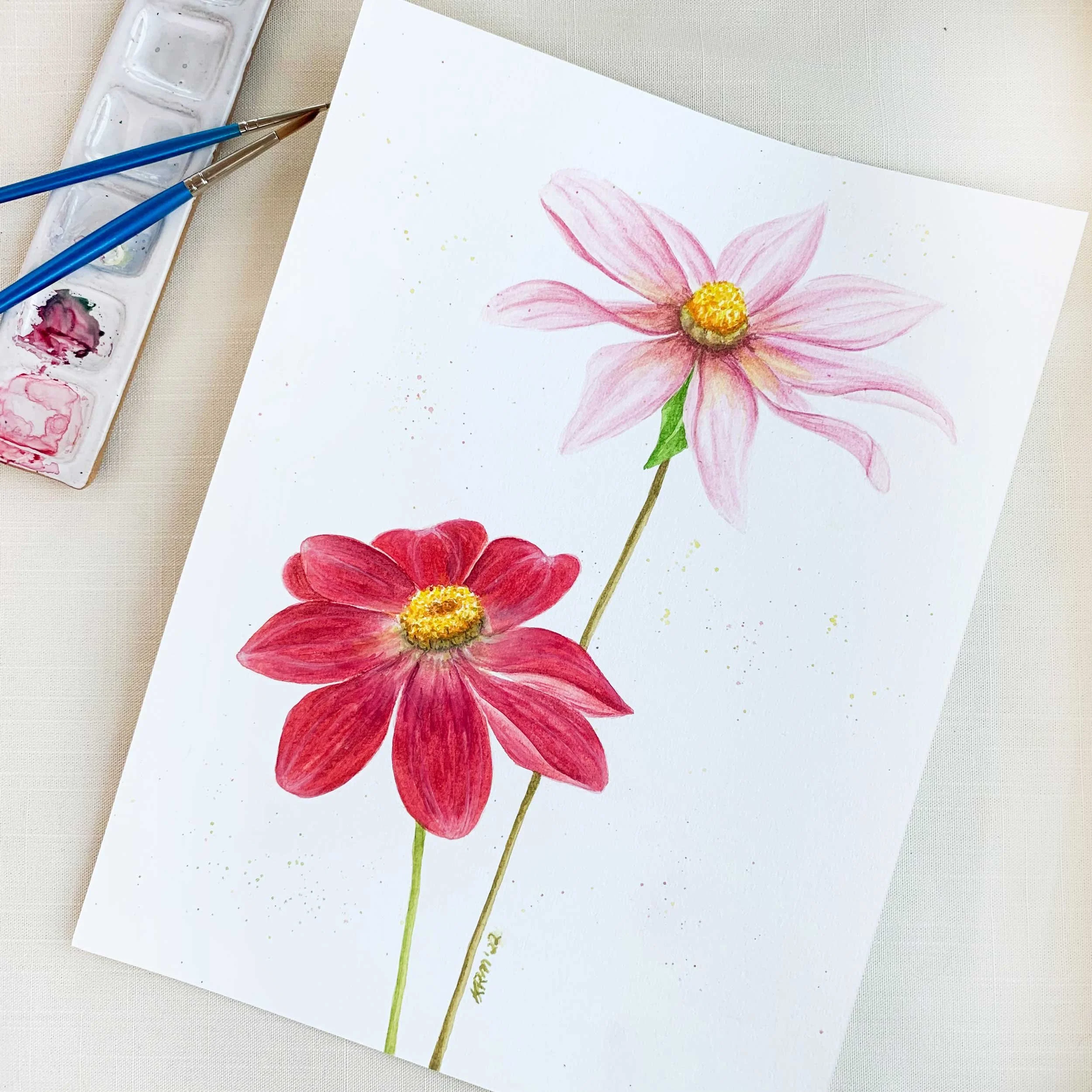 Pink Dahlias Original Watercolor