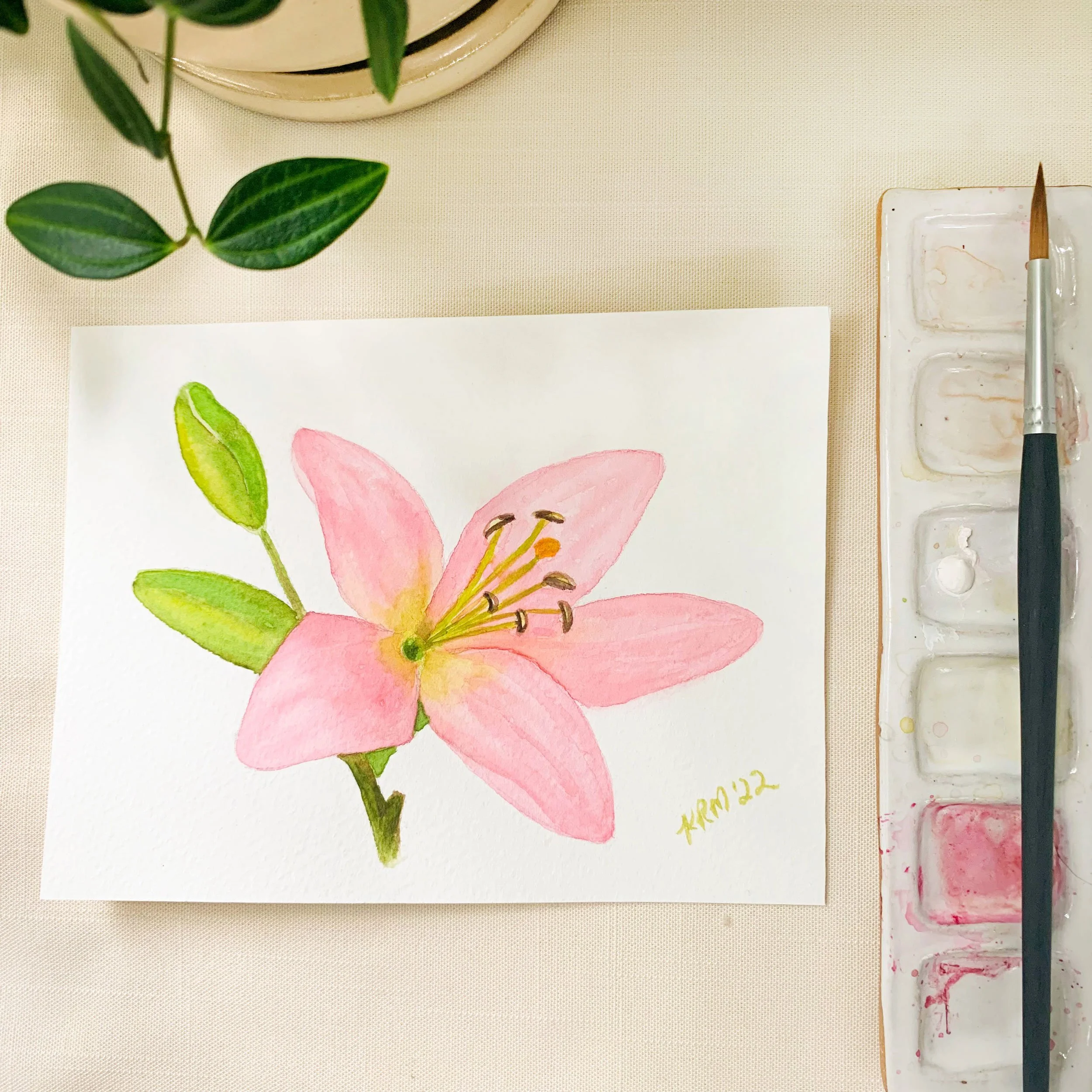 Pink Lily with Bud Original Watercolor Painting