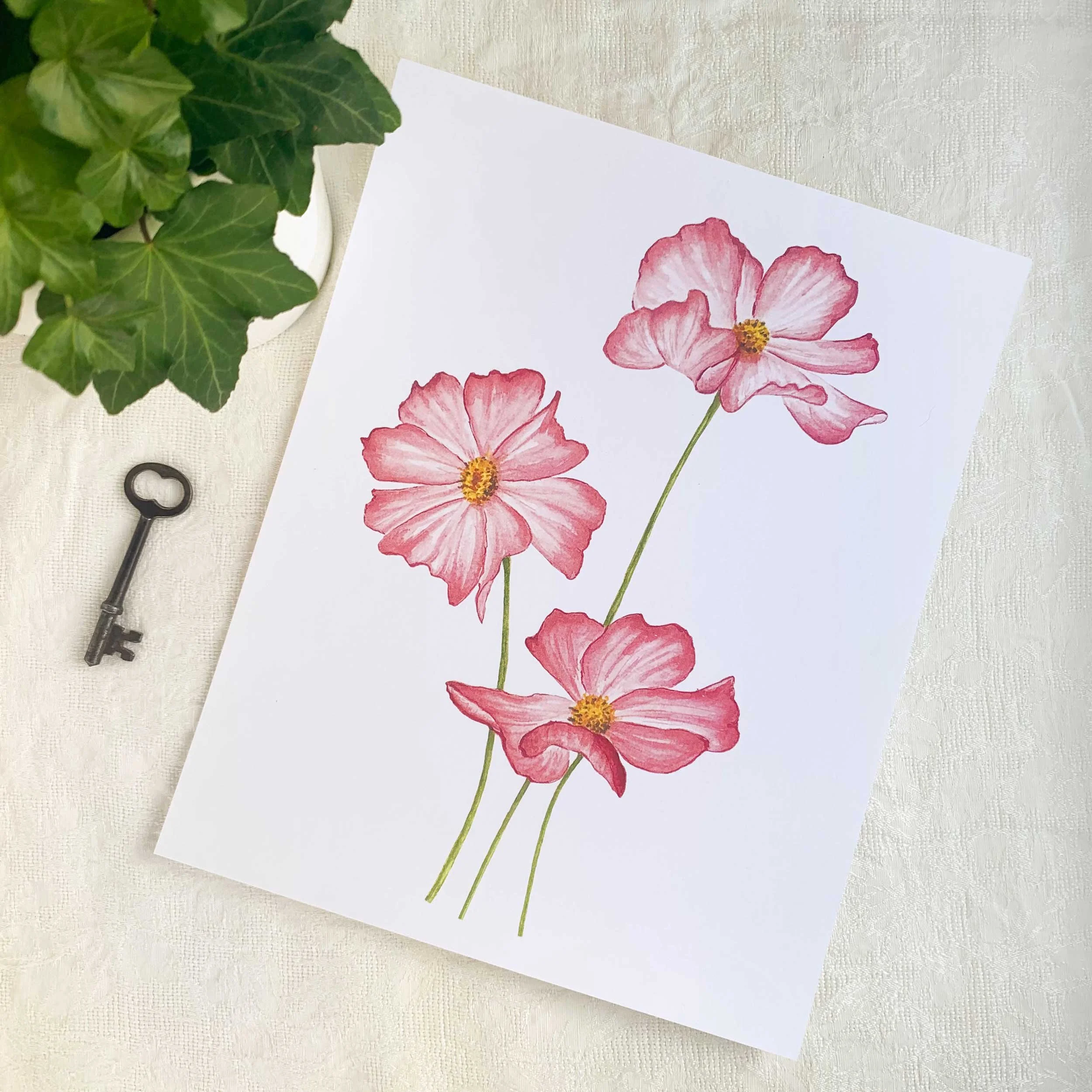 Pink Edge Cosmos Watercolor Art Print