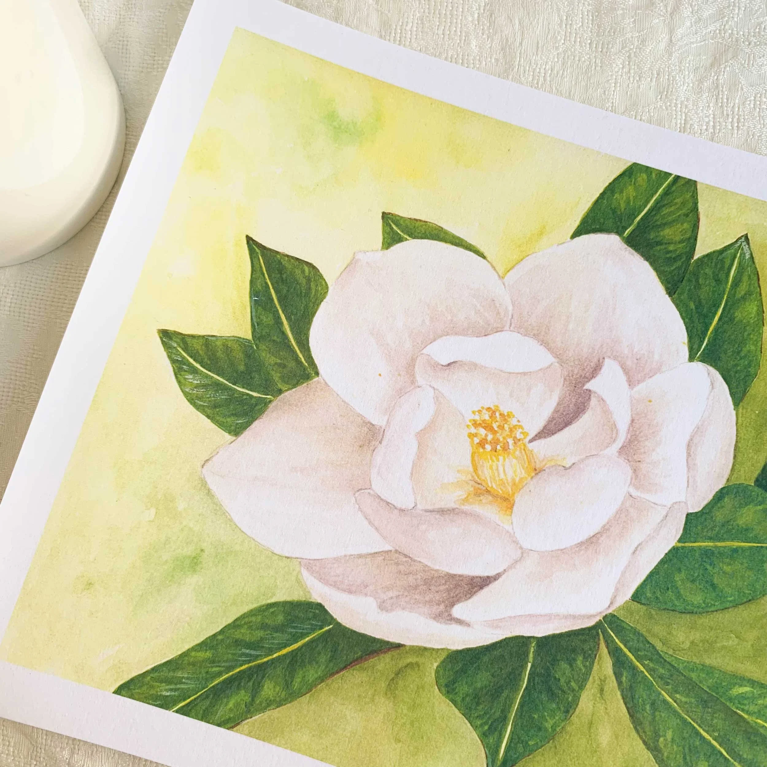 White Magnolia Watercolor Art Print 8 x 10 printed on slightly textured 100 lb. card stock.