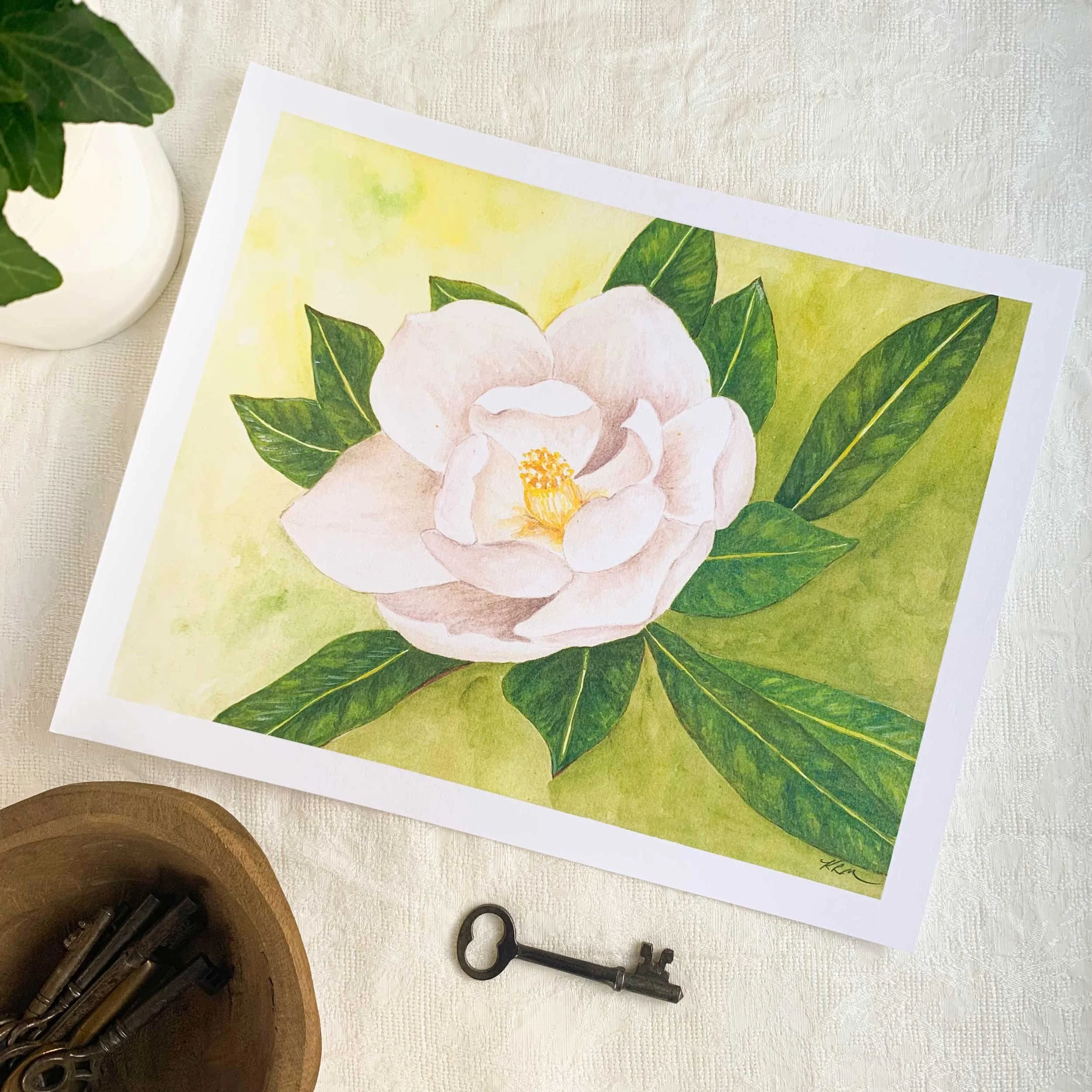 White Magnolia Watercolor Art Print 8 x 10 printed on slightly textured 100 lb. card stock.