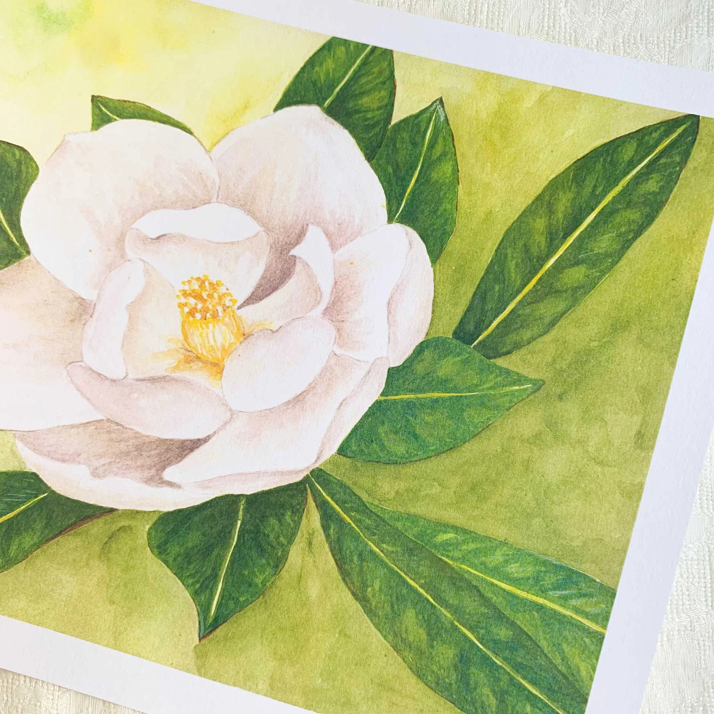 White Magnolia Watercolor Art Print 8 x 10 printed on slightly textured 100 lb. card stock.