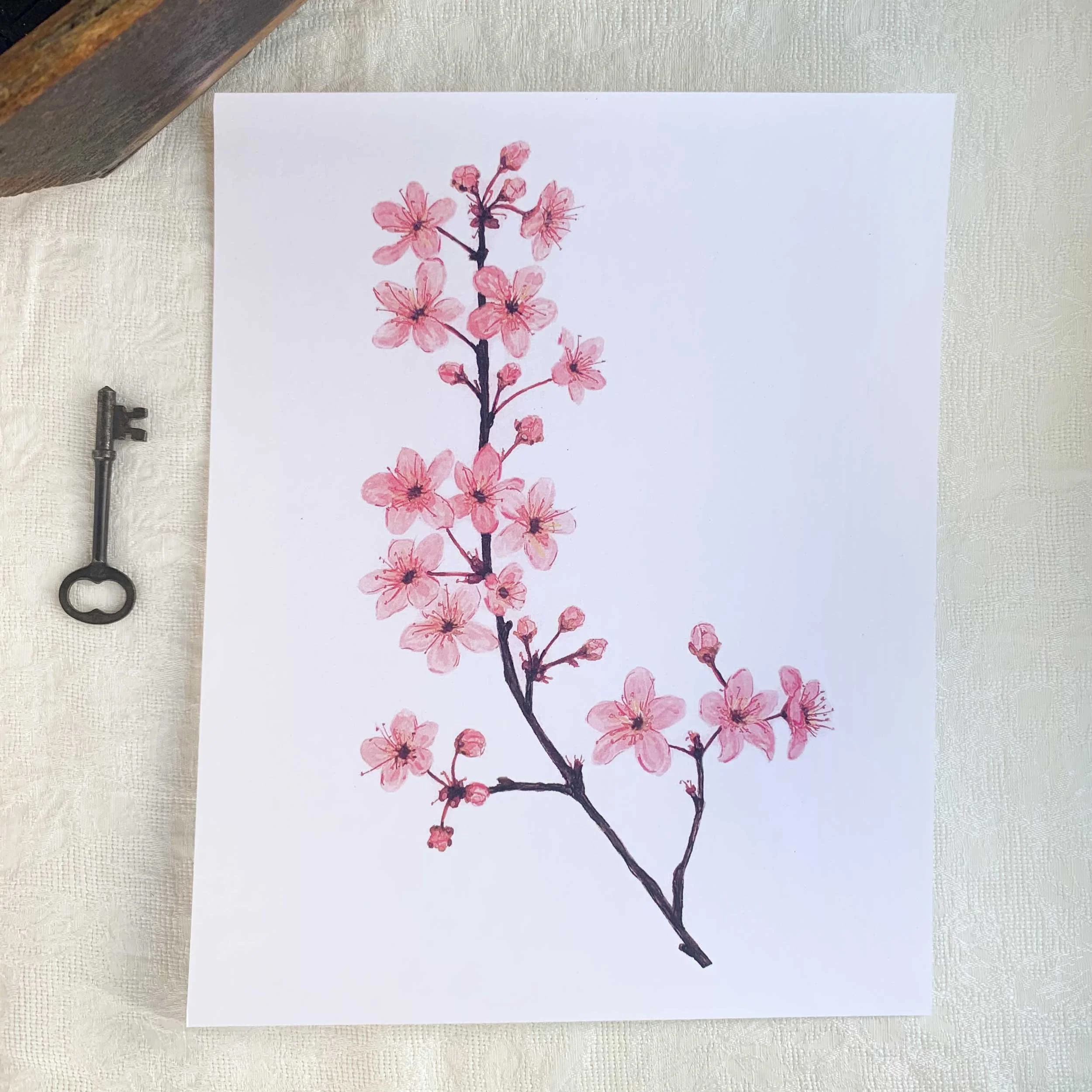Pink Cherry Blossoms Watercolor Art Print, 8 x 10 on slightly textured card stock.