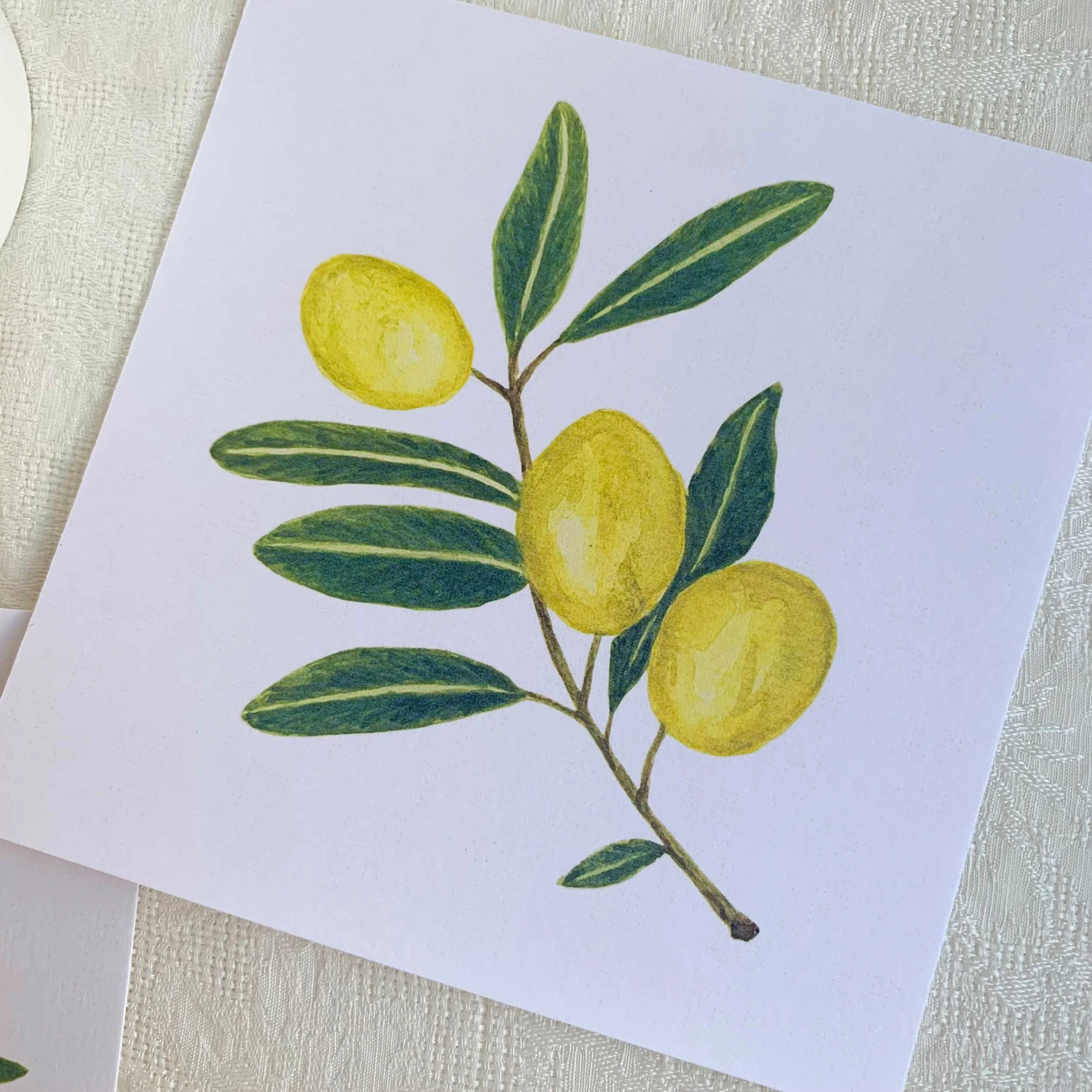Green Olives Watercolor Art Print Set of 2 5 x 5 on slightly textured card stock
