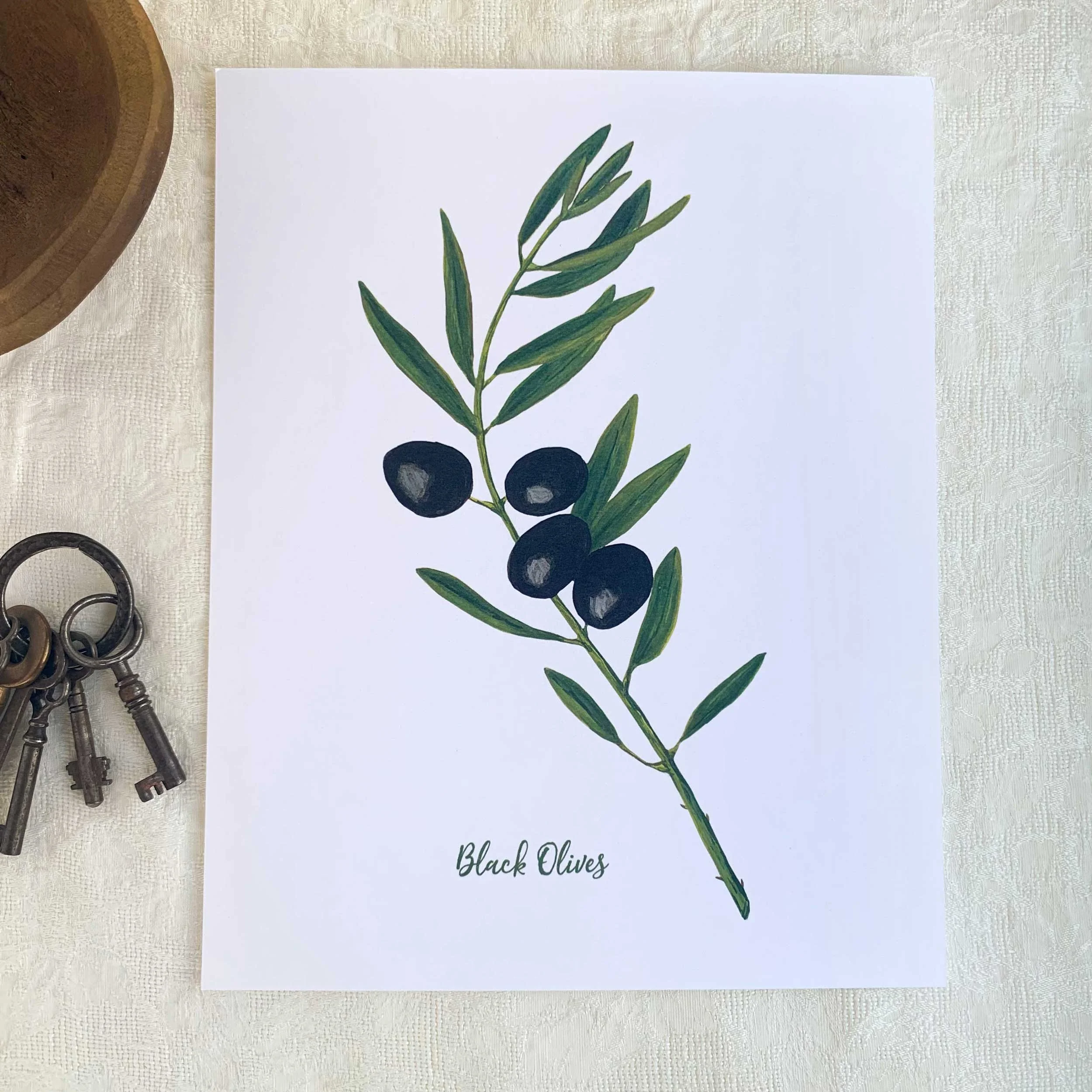 Black Olive Branch Watercolor Art Print