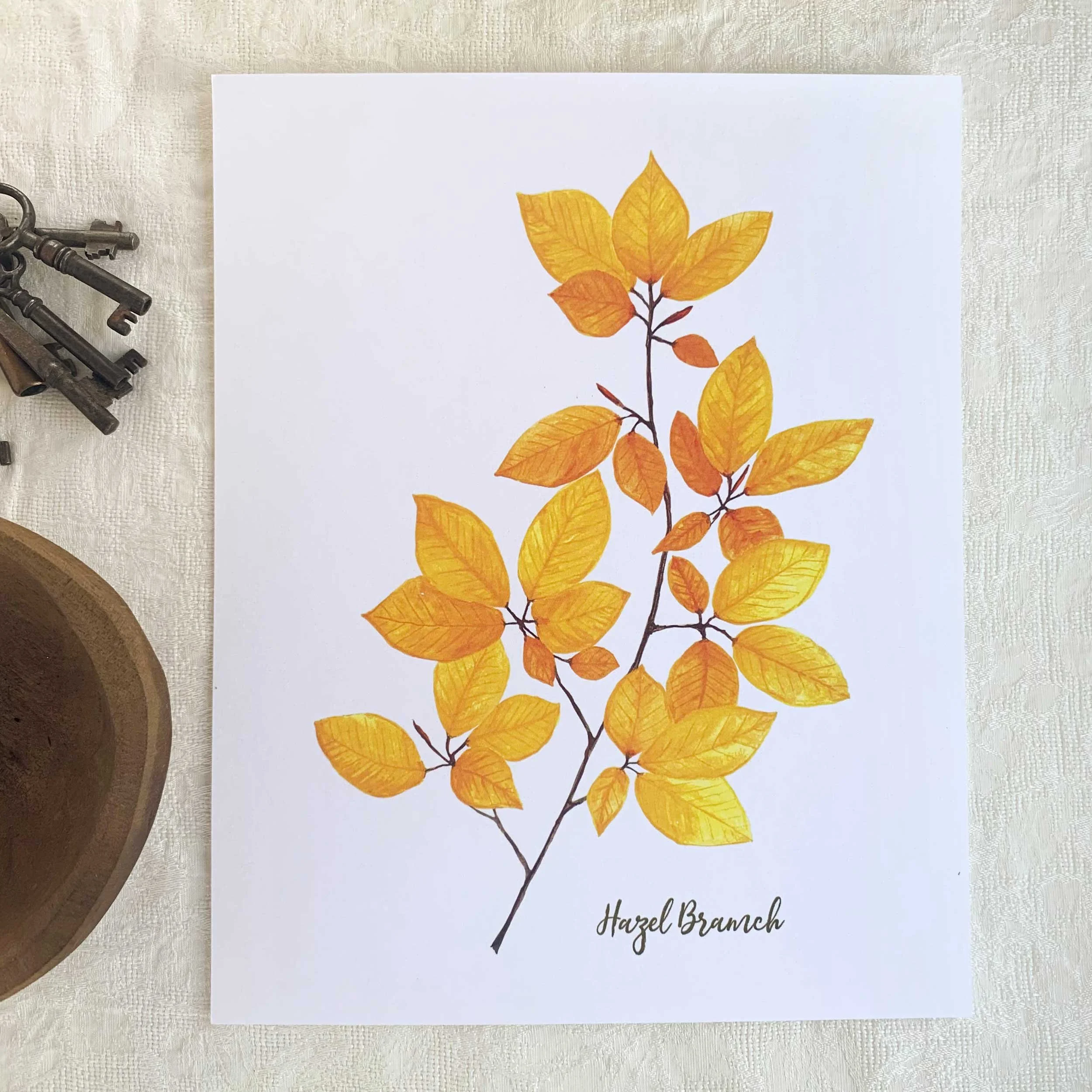 Autumn Hazel Branch Watercolor Art Print