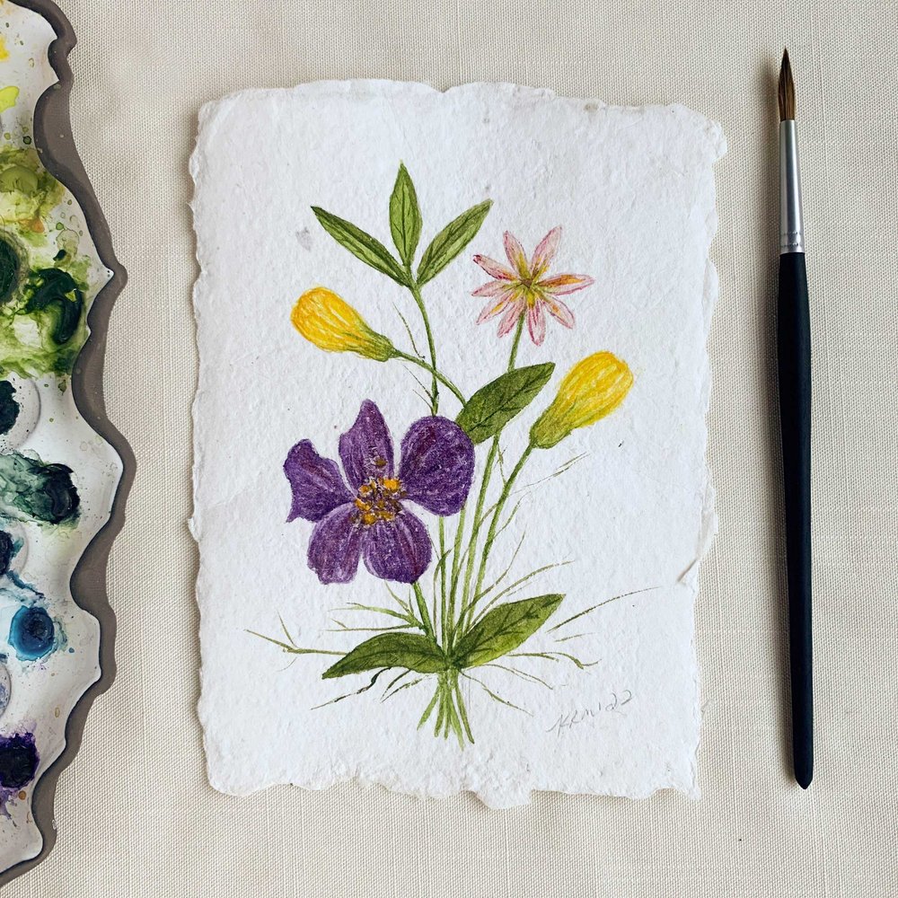 Wild Flower Bouquet Original Watercolor on Handmade Paper with Deckled Edge