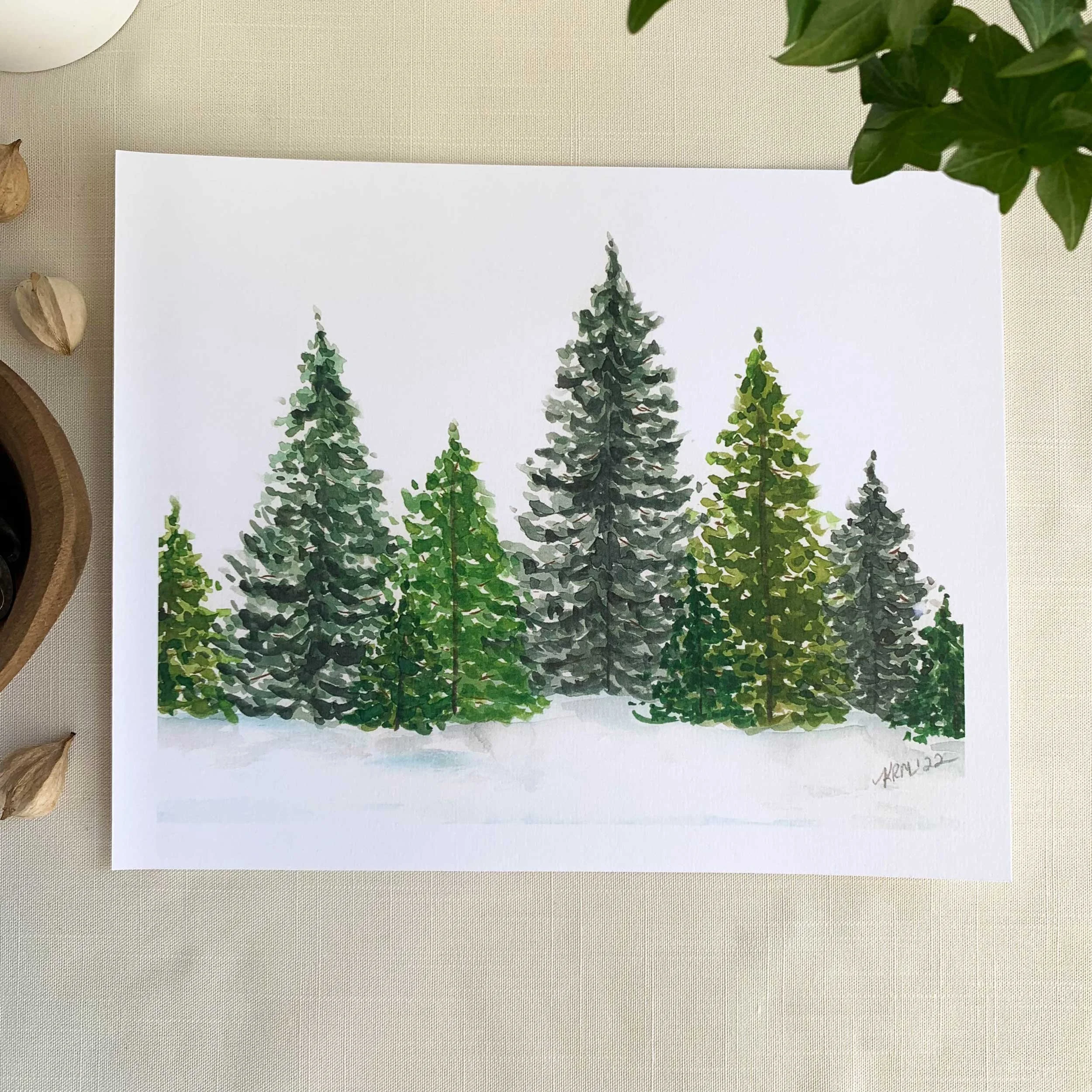 Winter Evergreens Watercolor Art Print