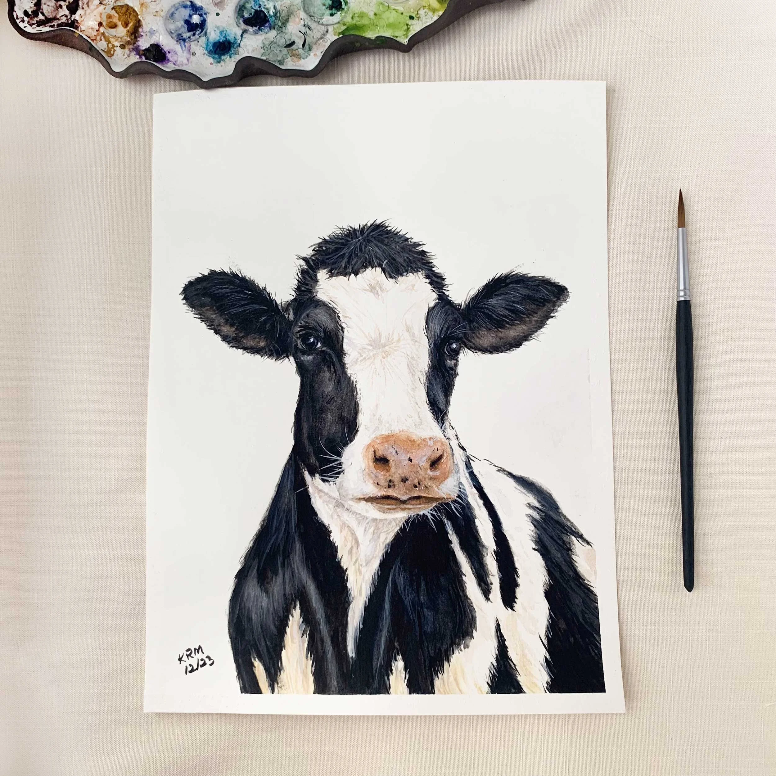 Black & White Cow Original Watercolor
