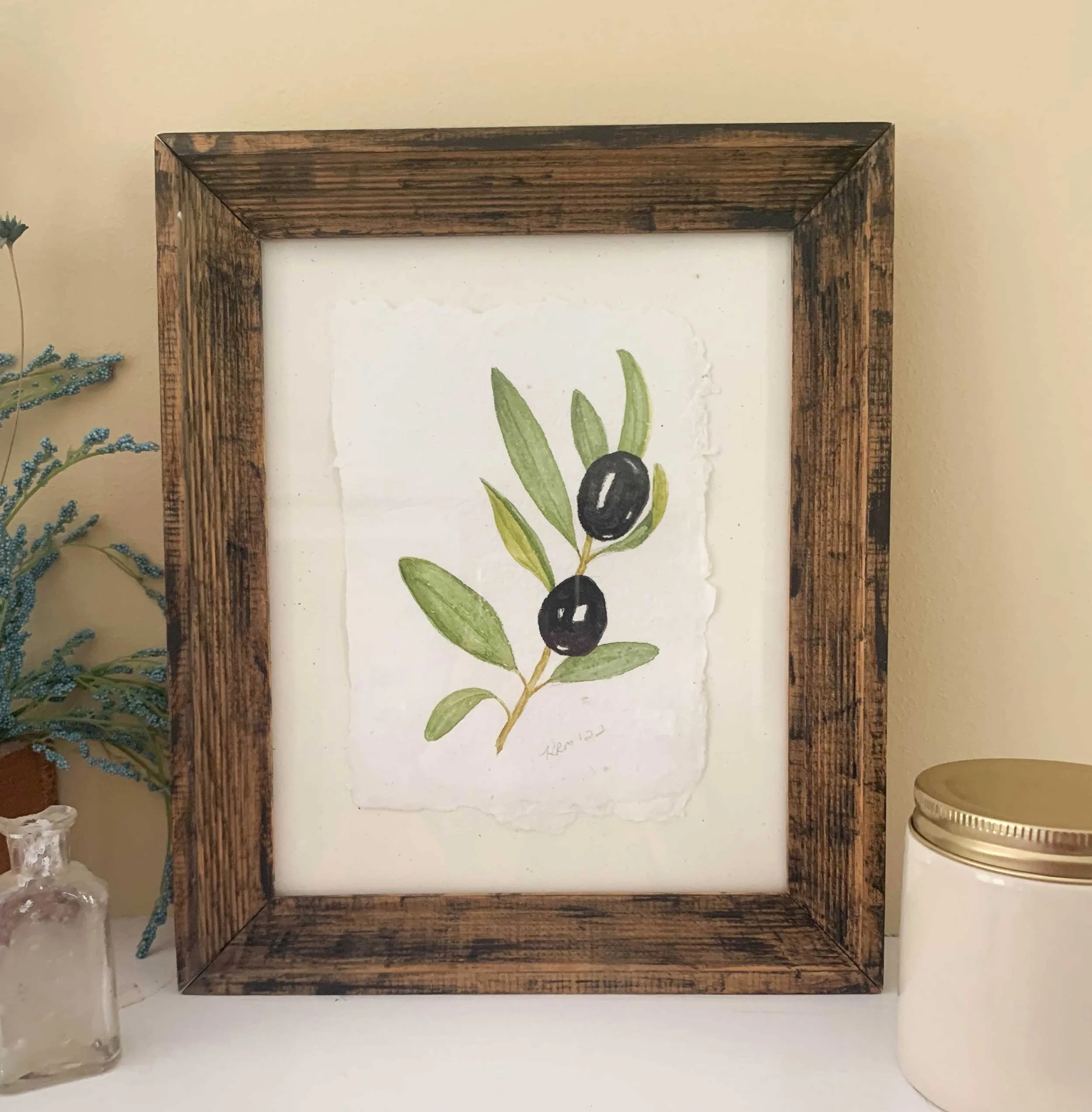 Black Olive Branch Original Watercolor Painting Framed