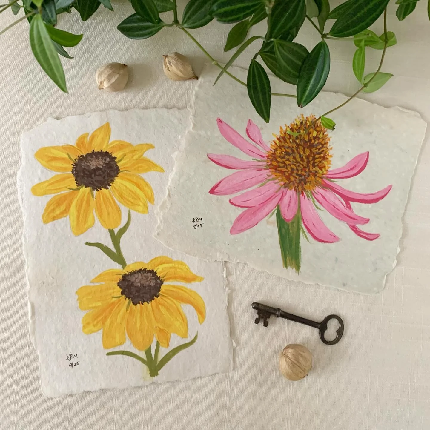 Black eye Susan&rsquo;s and coneflowers in gouache on handmade paper. #gouachepainting🎨 #floralpainting #blackeyesusan #coneflowers #botanicalpickmeup #botanicalart #inspiredbypetals #willowglenstationery
