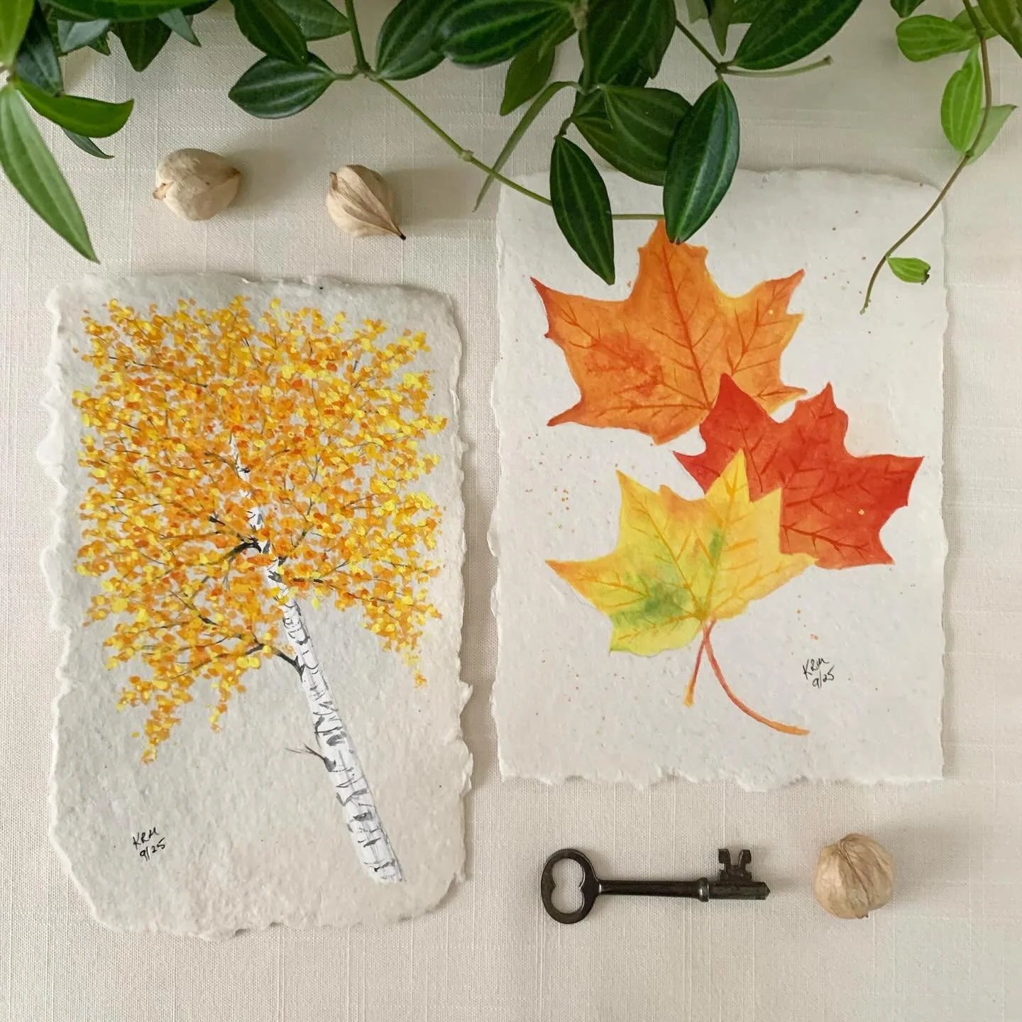 Autumn leaves painted in gouache on handmade paper.
#autumnpainting #autumnleaves #autumnart #fallleaves🍁 #gouacheartwork #gouachepaintings #handmadepaper #birchtree #willowglenstationery #inspiredbynature #paintings