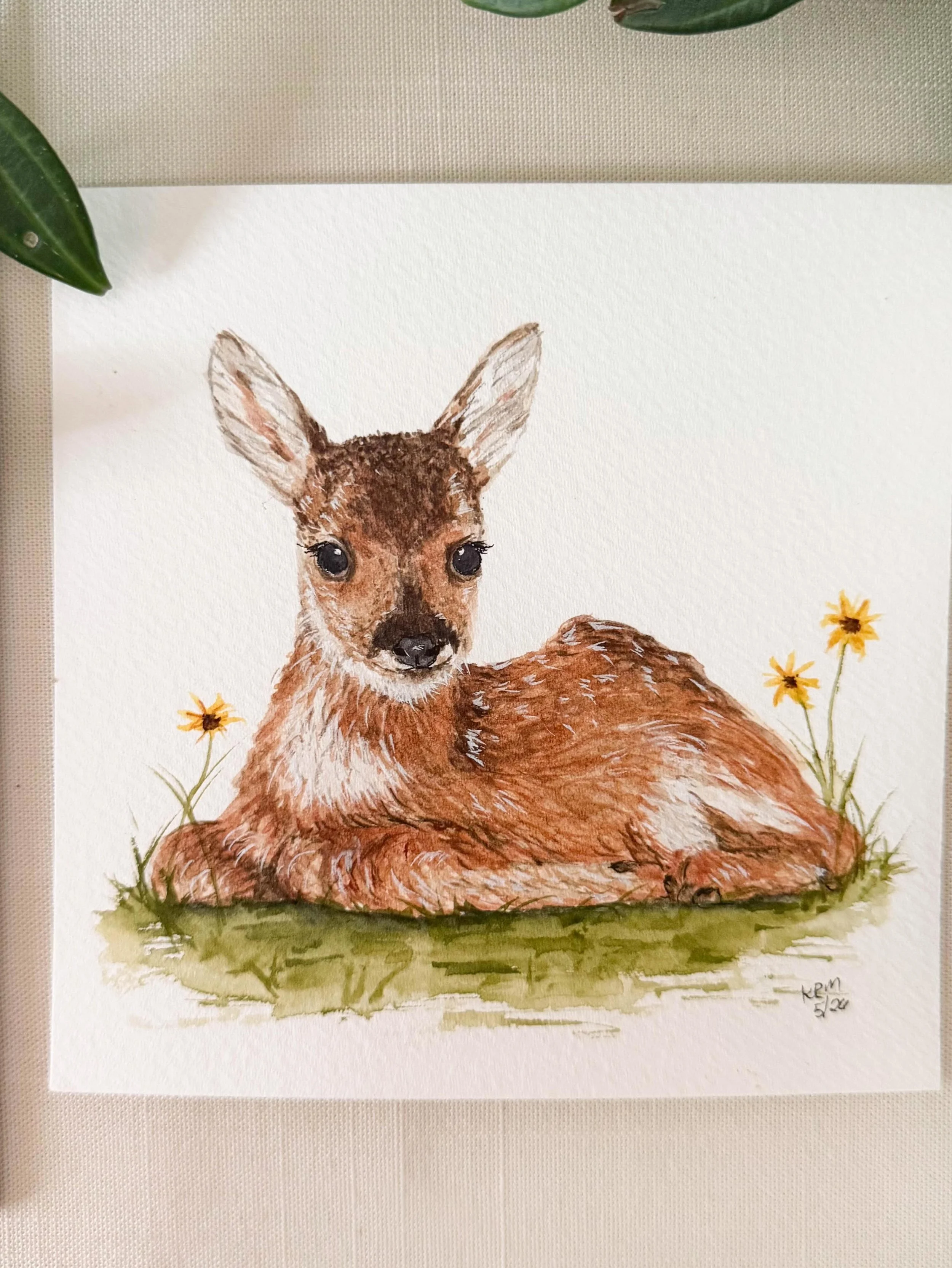This painting was inspired by this adorable baby deer that mamma left in our yard while she was off getting food. I crept up quietly not to disturb and snap a couple photos. Mom came back a little while later. Beautiful things are all around us. We j