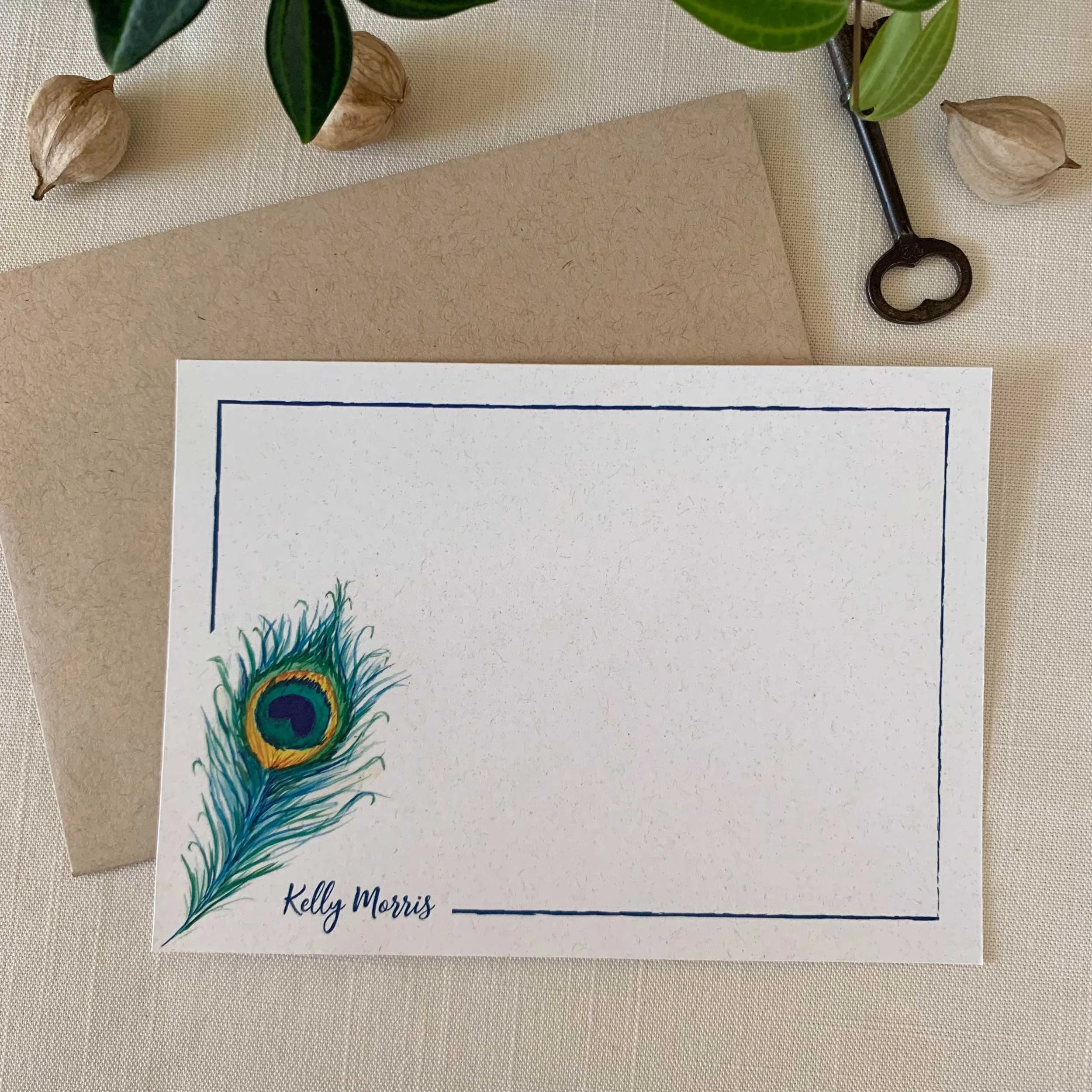 Peacock Feather Personalized Notecard Set