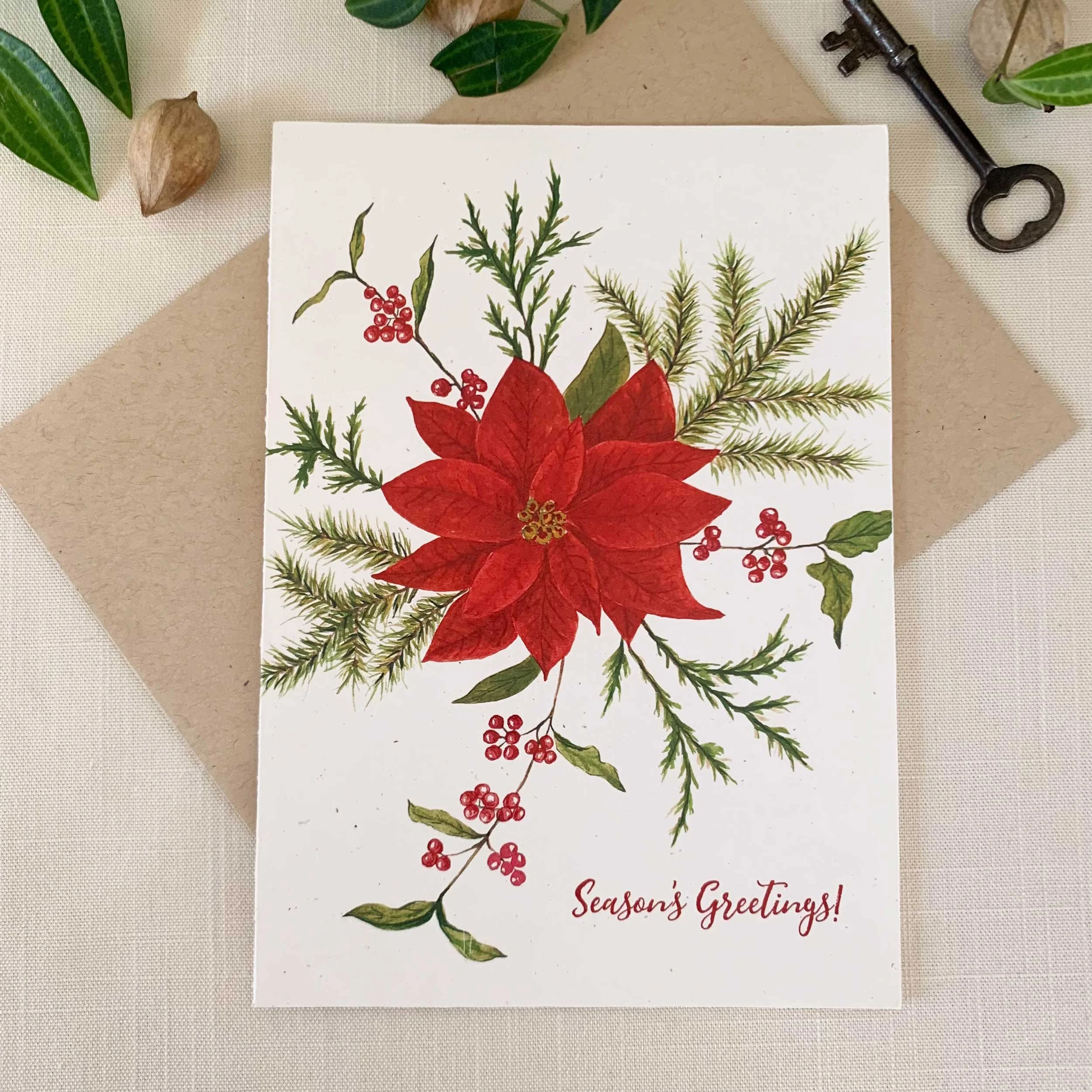 Poinsettia "Seasons Greetings" Greeting Card