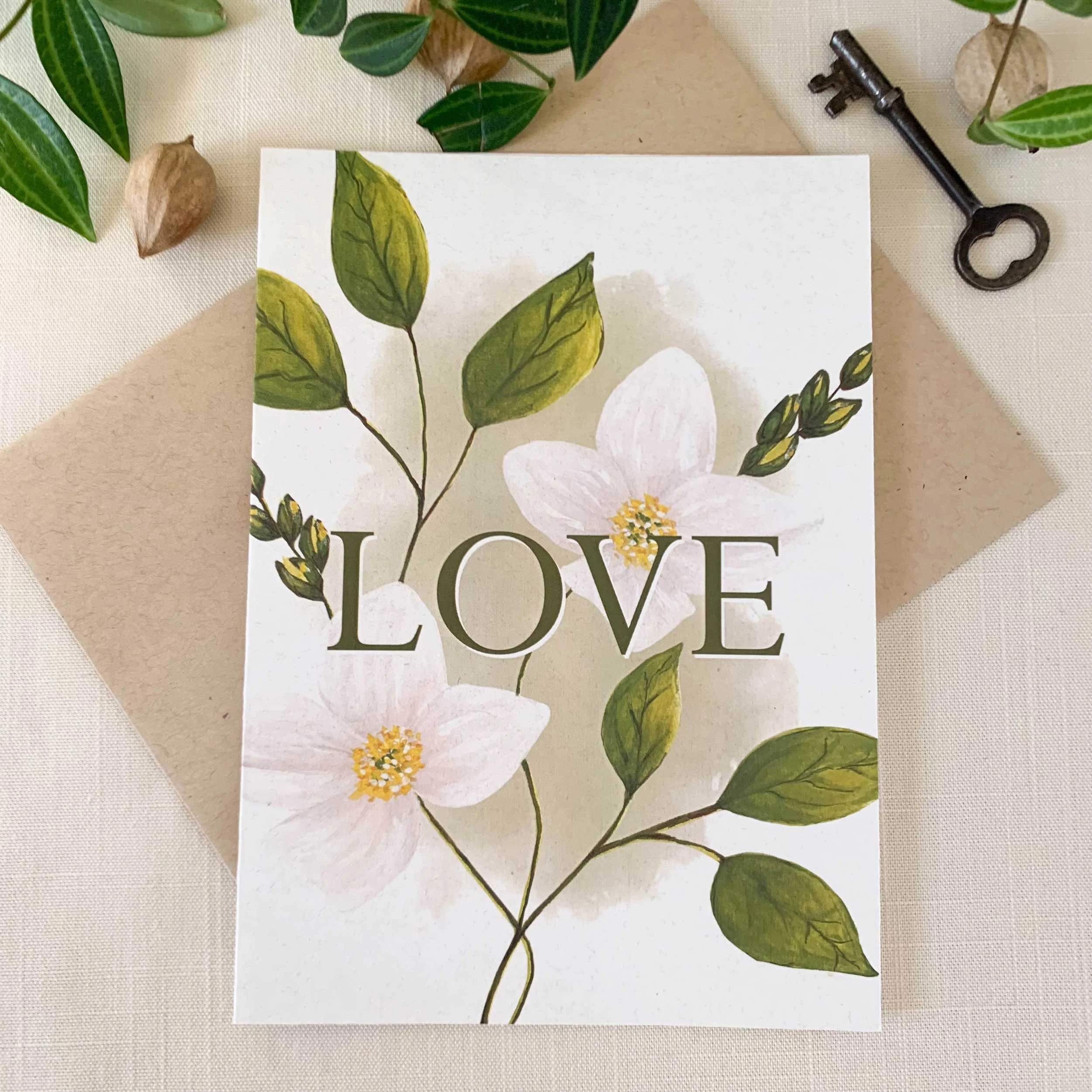 White Blossoms "Love" Greeting Card