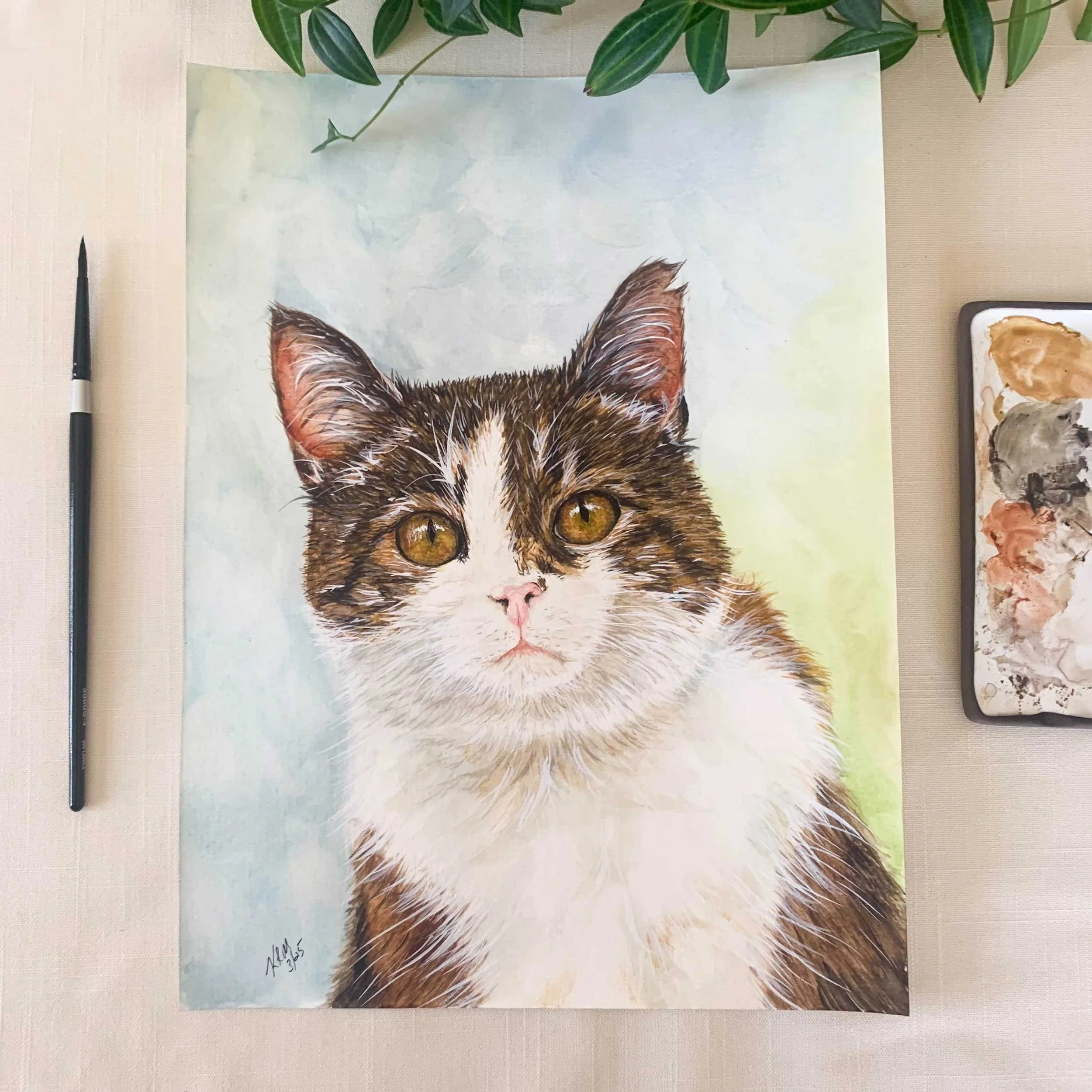 Brown & White Cat Outside Original Painting