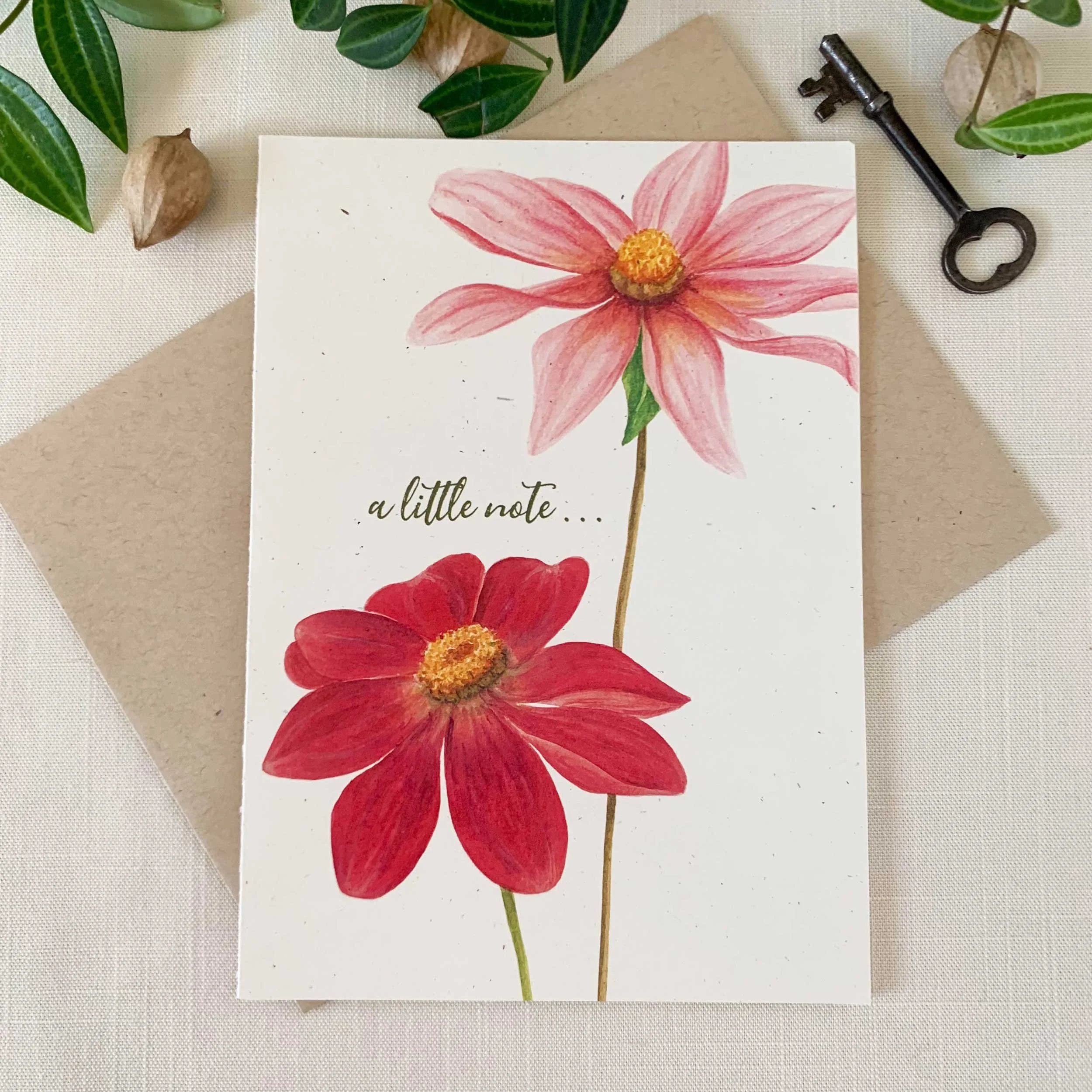 Pink Dahlias "A Little Note" Greeting Card