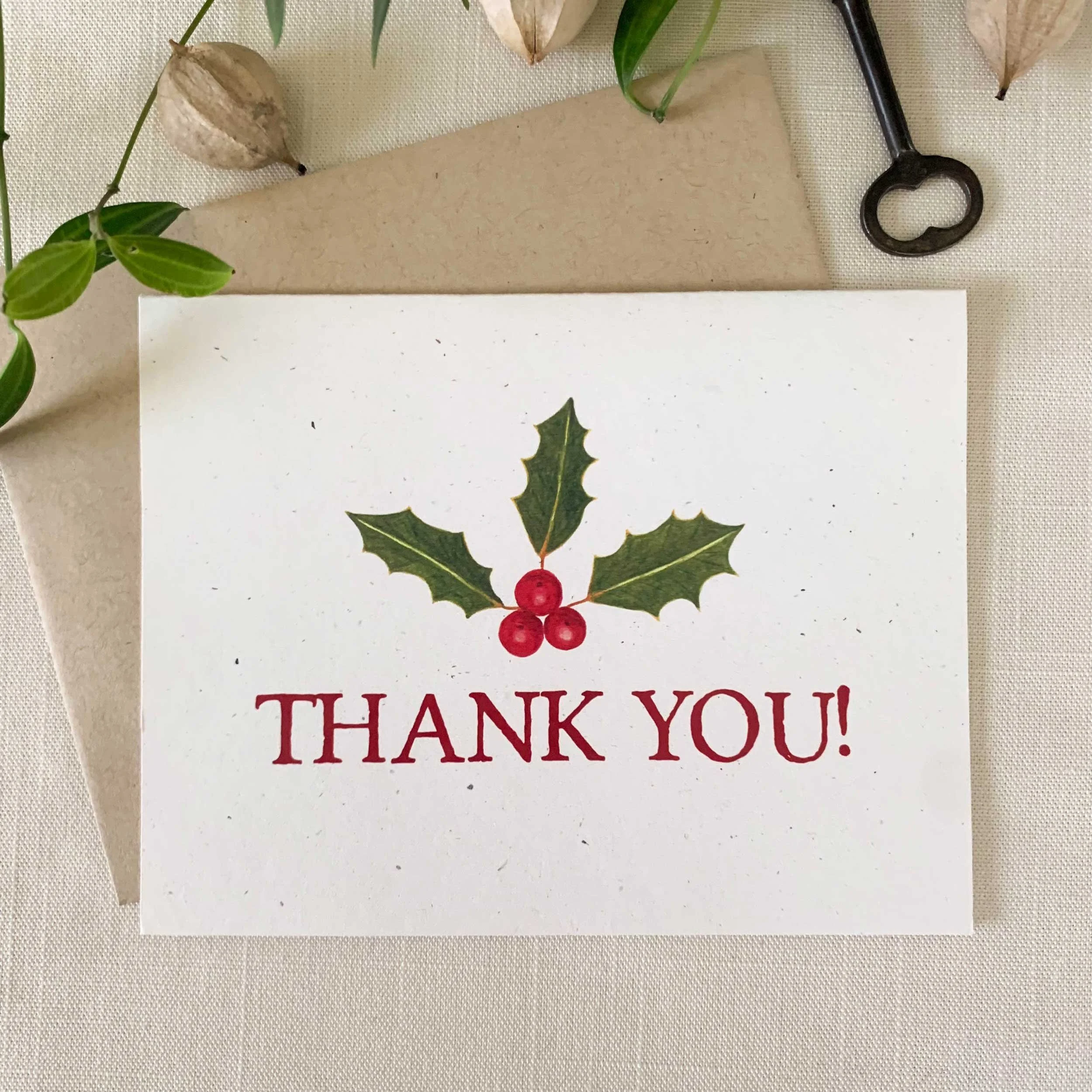Holly Leaves & Red Berries Thank You Cards