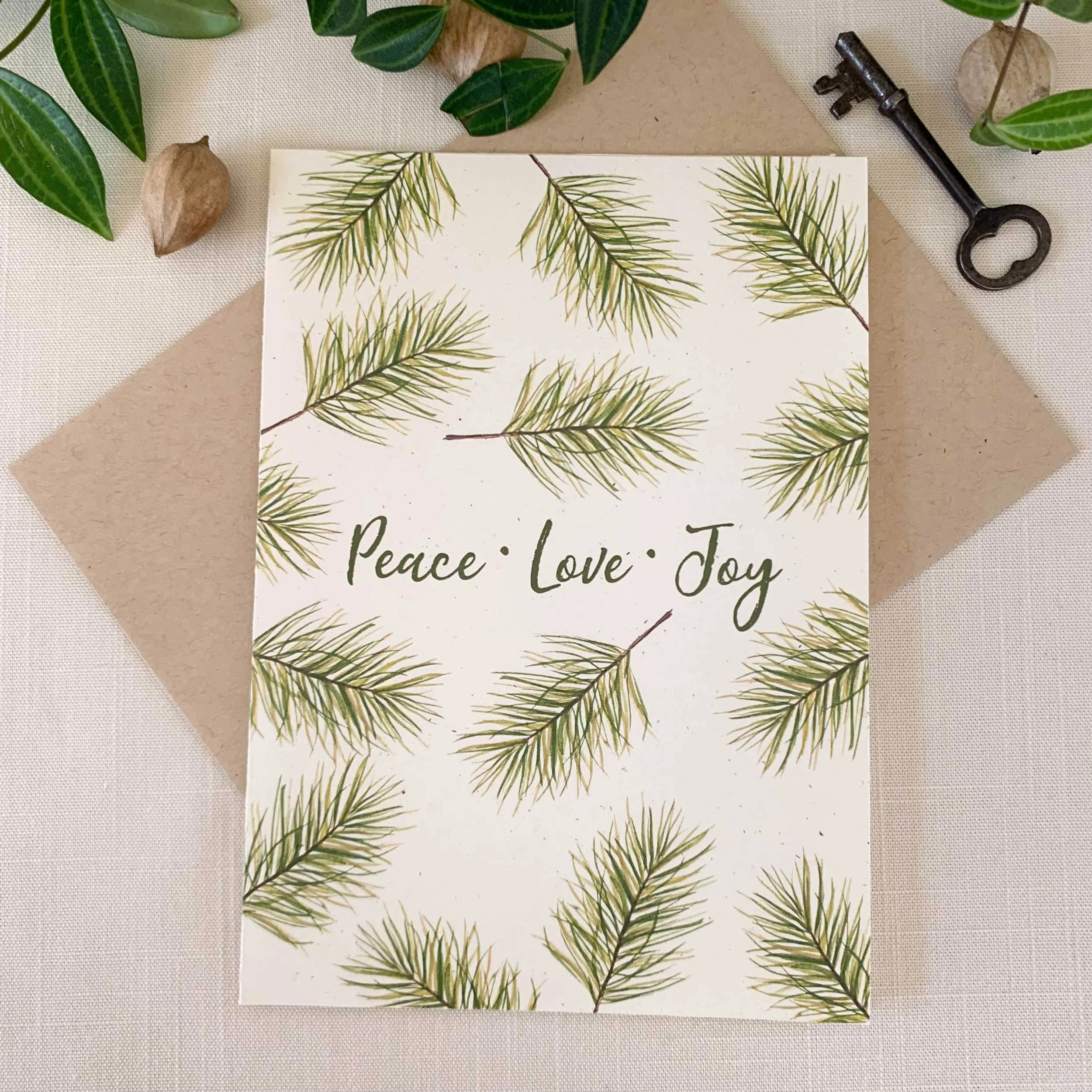 "Peace, Love, Joy" Card Evergreen Holiday Greeting Card