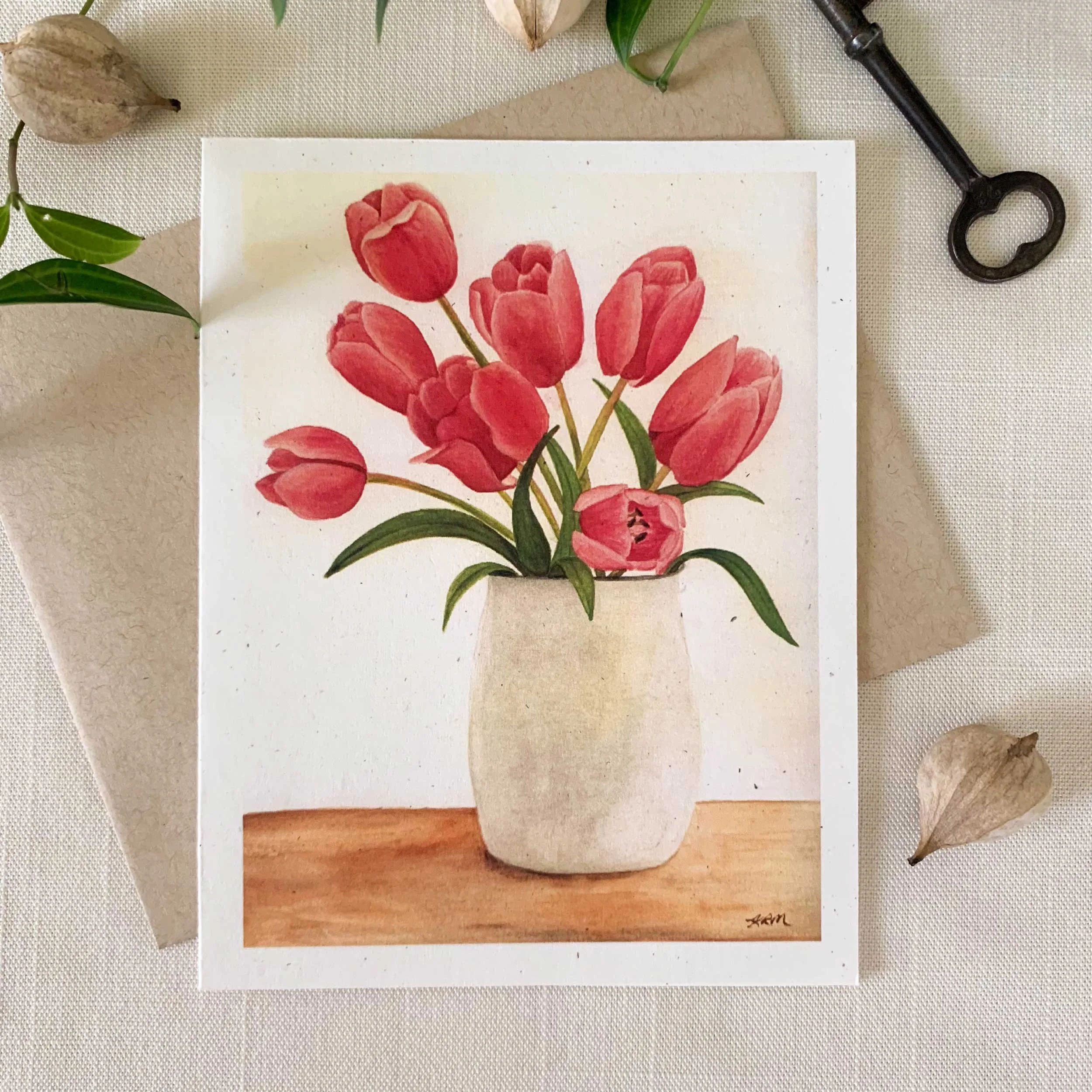 Pink Tulips In A Vase Folded Notecard Set