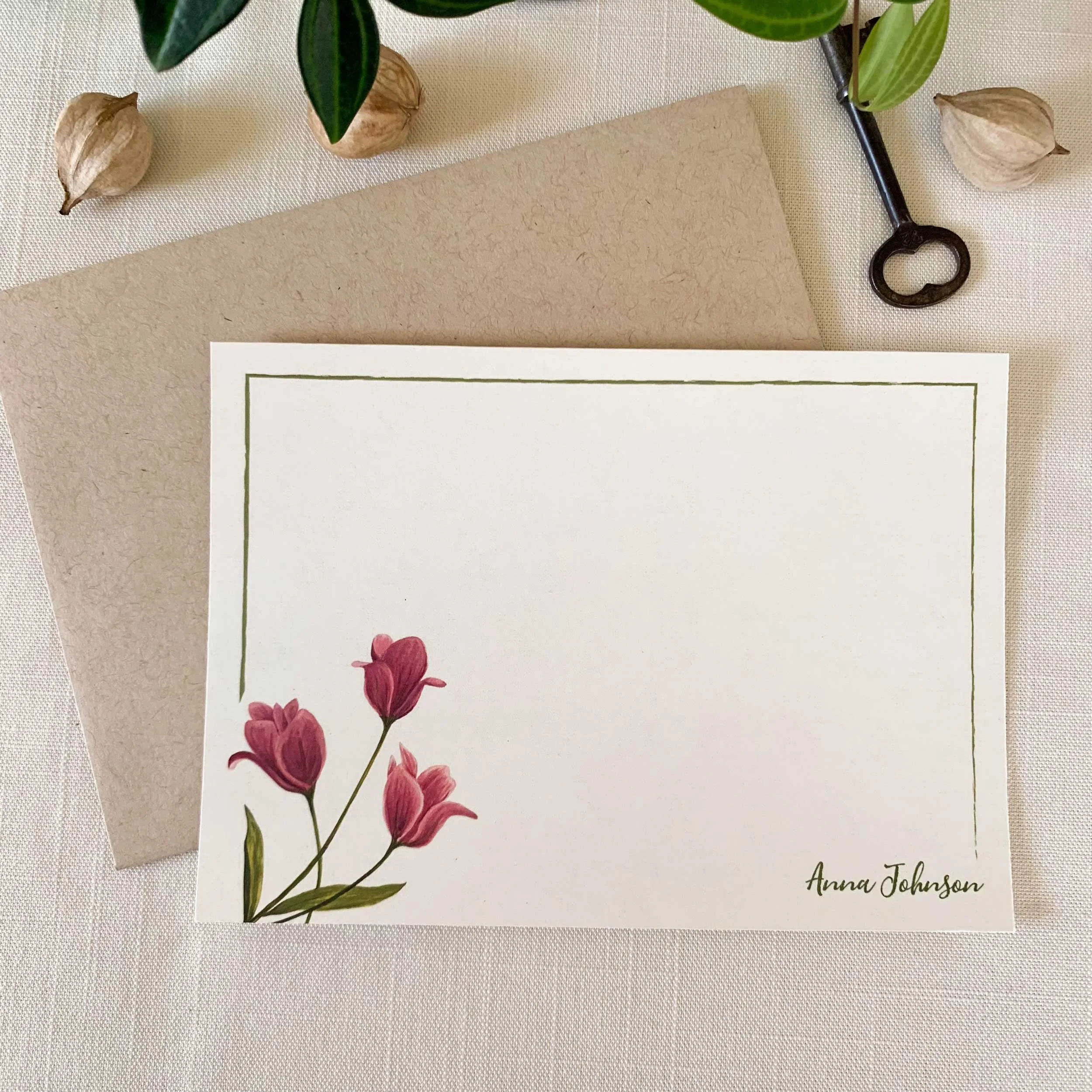 Pink Tulips Personalized Notecard Set
