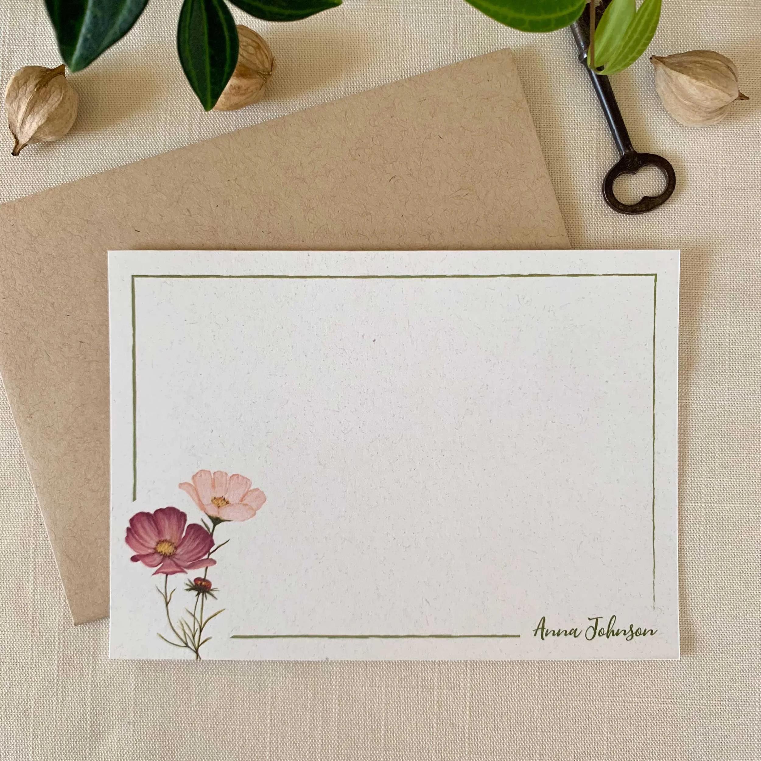 Pink and Peach Cosmos Personalized Notecard Set