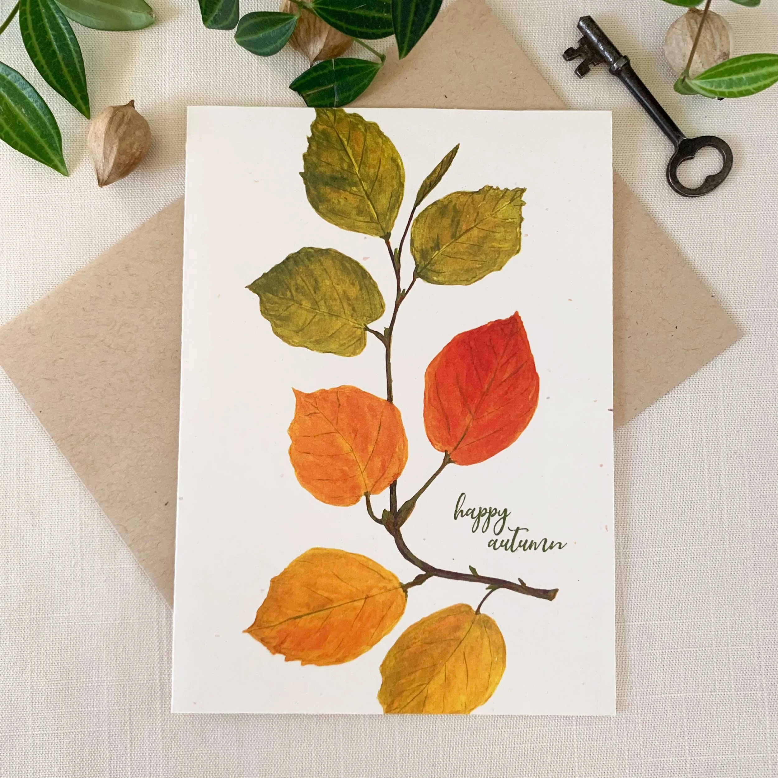 Bottle Brush Leaves "Happy Autumn" Greeting Card