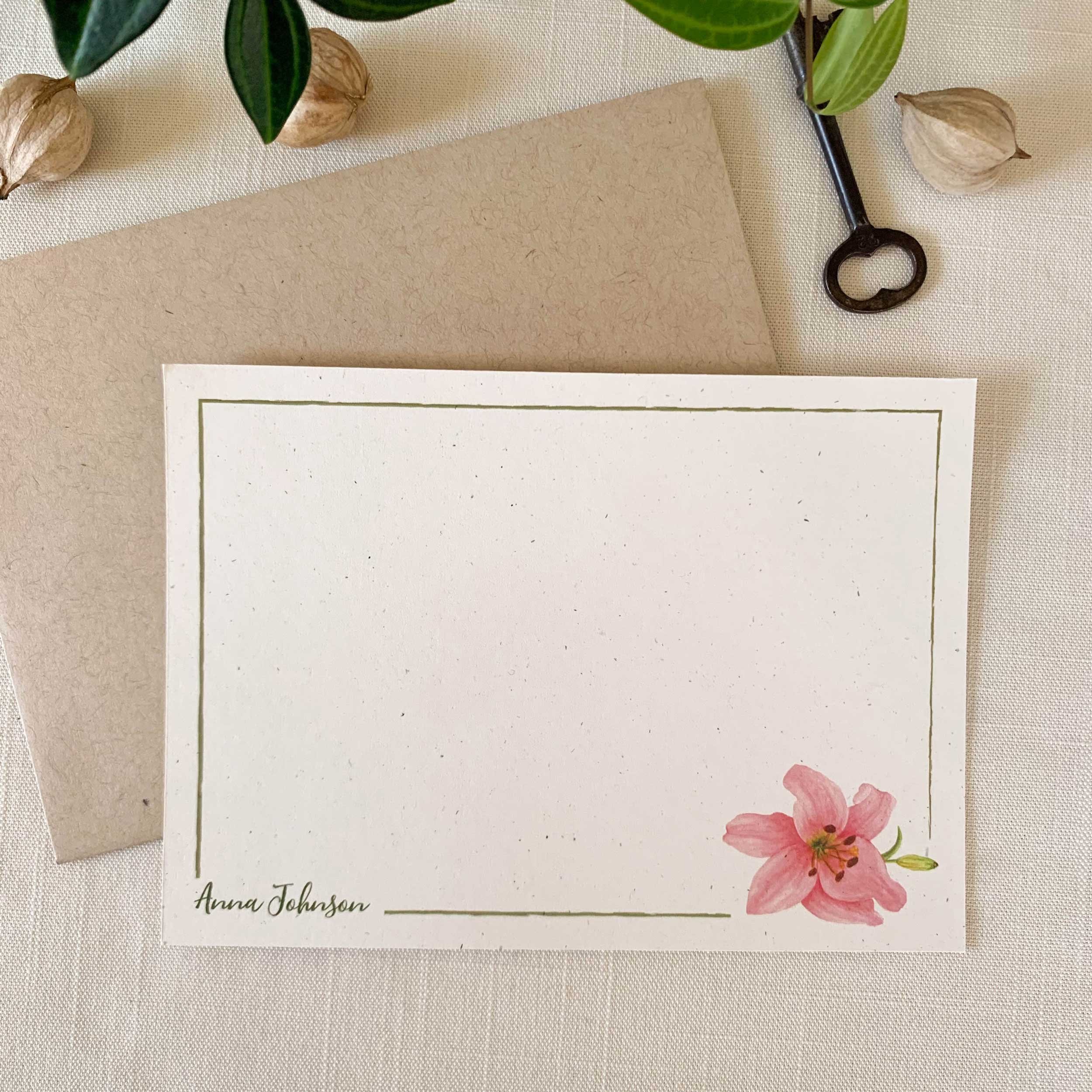 Pink Lily Personalized Notecard Set
