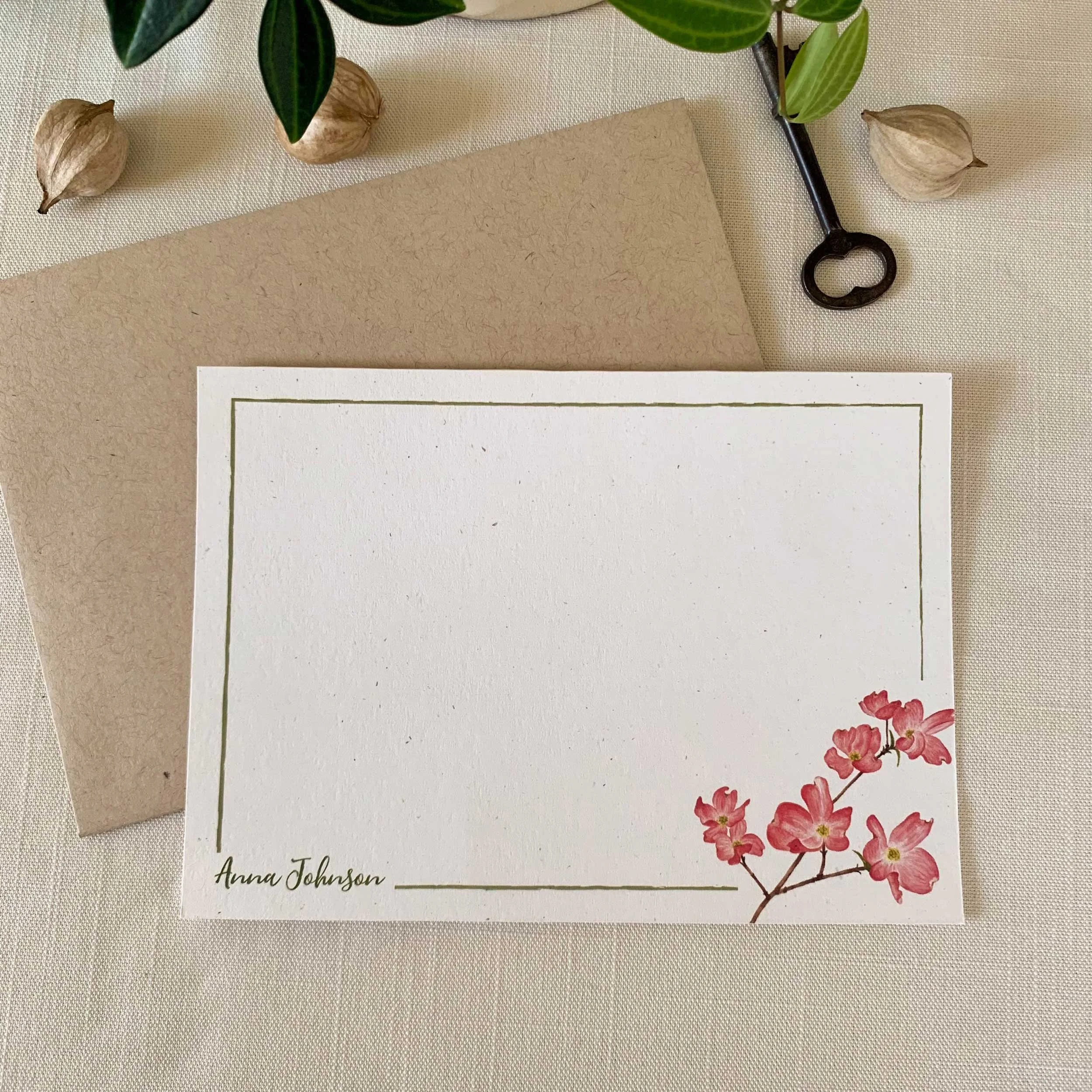 Pink Dogwood Branch Personalized Notecard Set