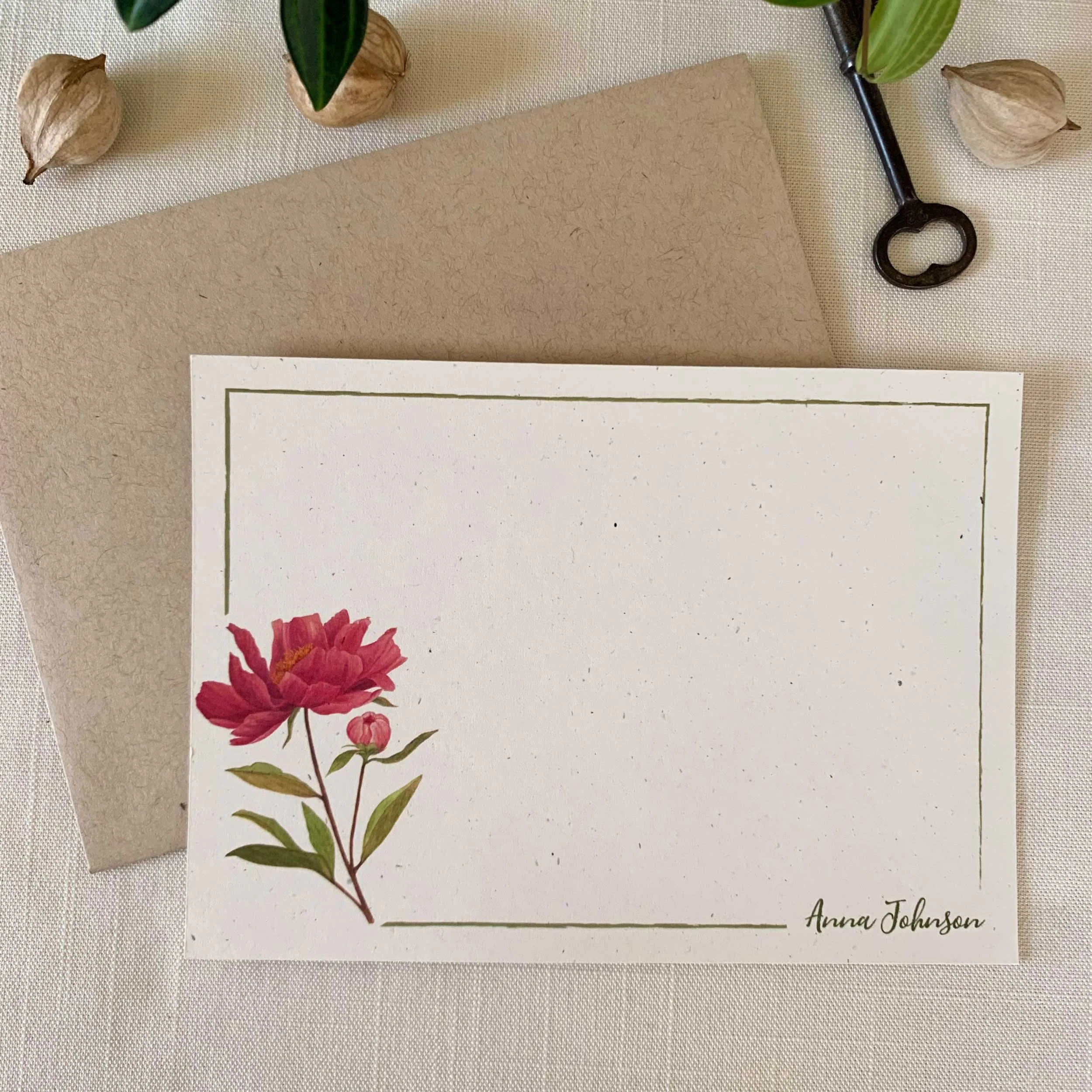 Pink Peony Personalized Notecard Set