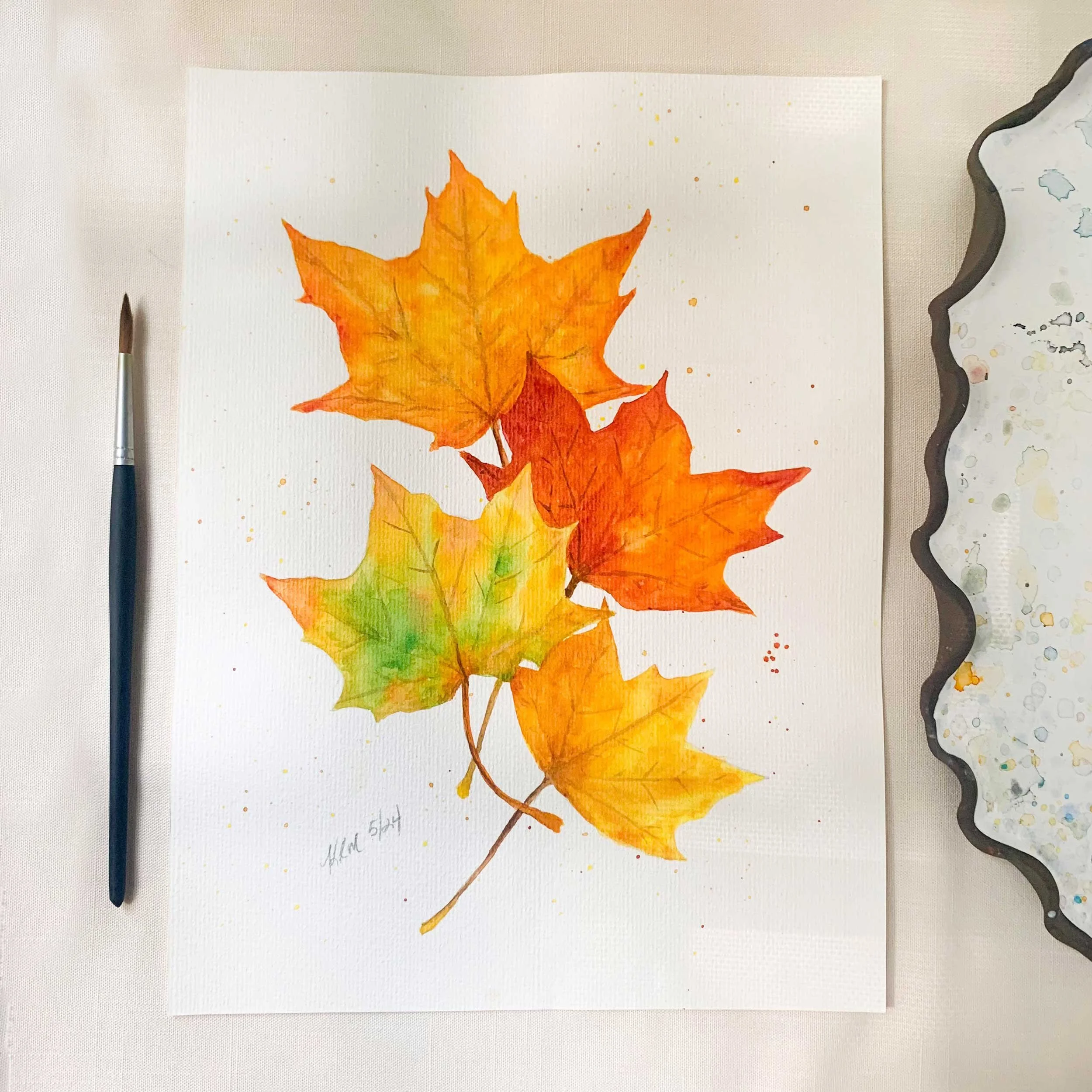 Four Autumn Maple Leaves Original Watercolor
