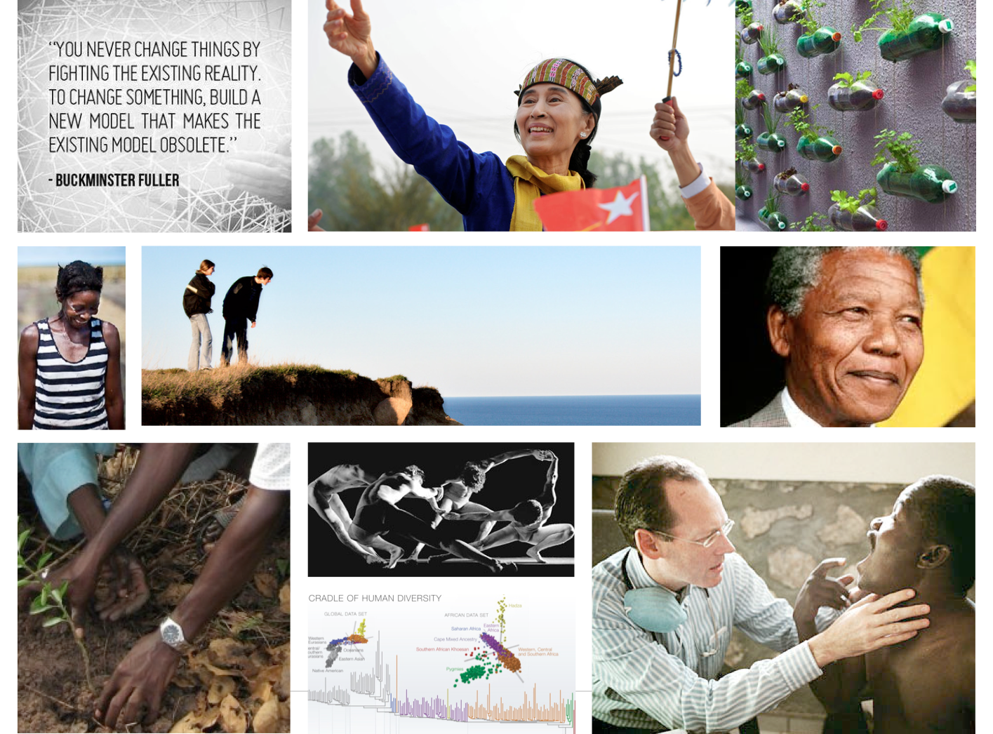 Moodboard evoking the brand attributes of the organization: engaging, life-changing, sustainable, humanitarian