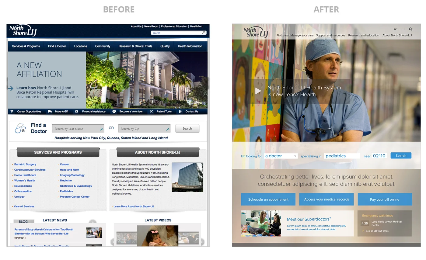 Before and after of the NS-LIJ website. Molly led the visual design effort.