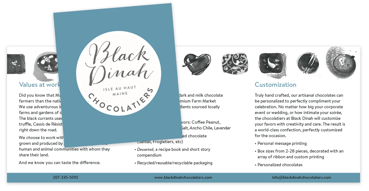 The inside of the About Us brochure uses our house-created ink drawings of the truffles