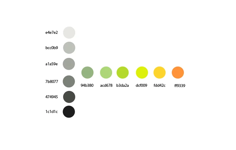 Gingerworks' color palette uses a warm set of neutrals tending towards a green tint, and bright colors found in nature.