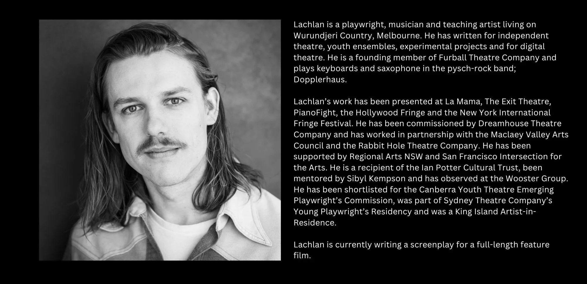 headshot and biography of playwright Lachlan Ervin Bray