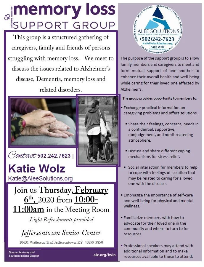Did you know we are facilitating the  Memory Loss | Dementia | Alzheimer’s Support Group at Jeffersontown Senior Center