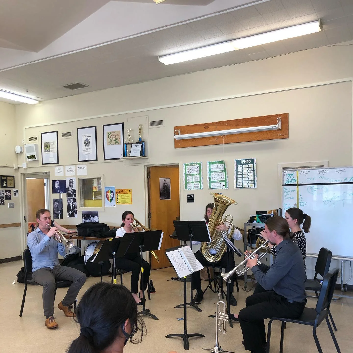 Brass Over Bridges at a school concert! We&rsquo;re looking forward to more community engagement performances this fall with Music At Kohl Mansion. #trumpet #trombone #frenchhorn #brassquintet
