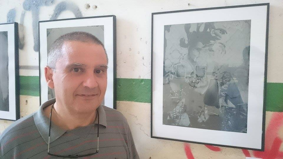 My friend and REVELA-T volunteer, Jesus Joglar, beside my image "Gathering Pieces" in the Cal Garbat, Vilassar de Dalt. 