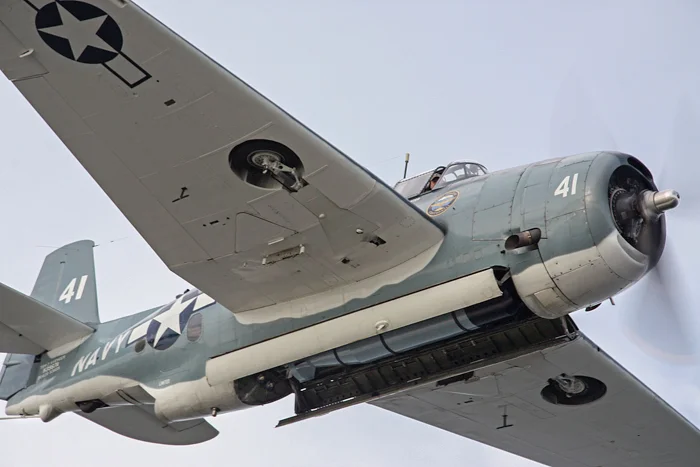 A 1945 TBM Avenger shows off its torpedo as it comes in to defend the BROWN.