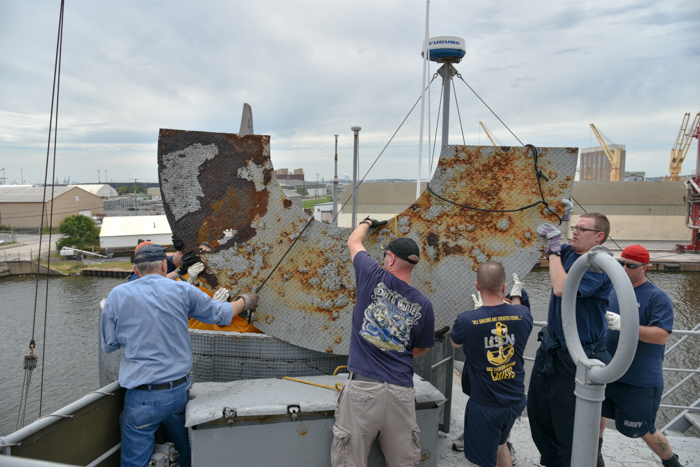 Once the plate was out of the gun tub the challenge was to move it around working around all of the other things on the bridge.