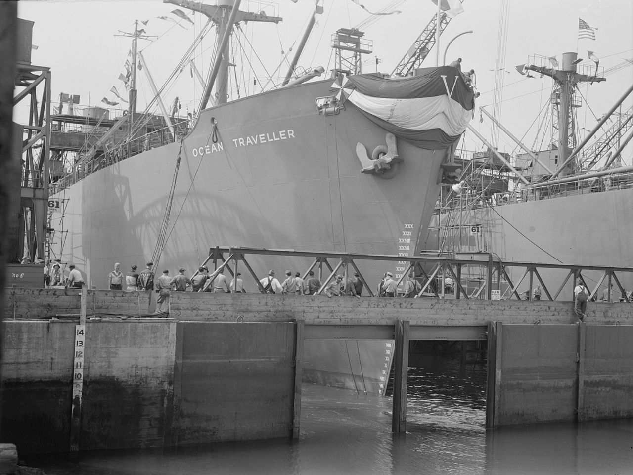 Ocean Traveler, one of the 8 ships launched in Portland Maine on August 16, 1942... Five of which were Ocean class ships for England under the Lend-Lease program. "Ocean Traveller LOC fsa.8b07487" by Photographer:Freeman, Albert - Library of Congress Farm Security Administration/Office of War Information