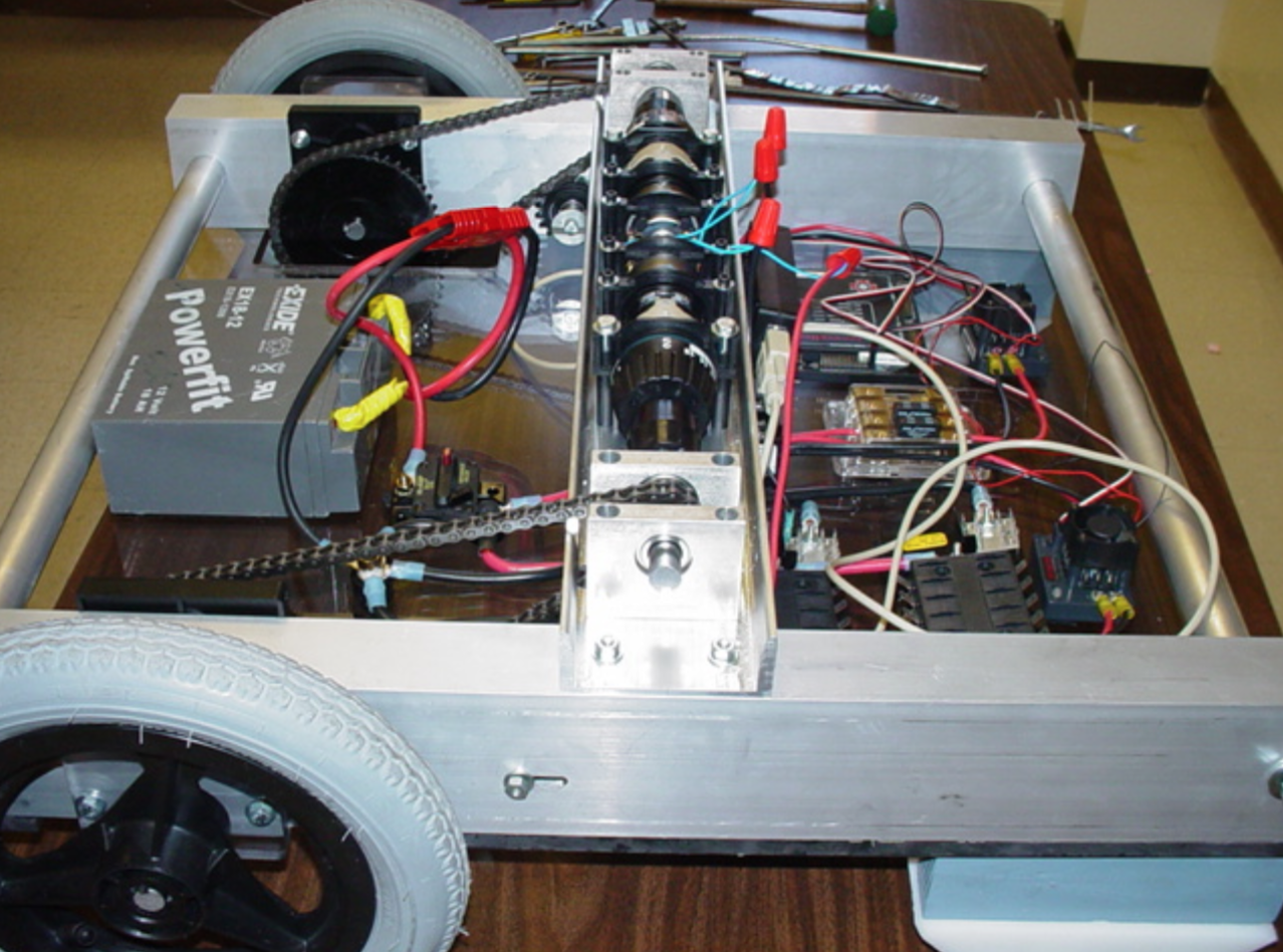 2004 Kit Drivetrain 2WD using Bosch Drill+Gearbox with custom plastic mounting components and a chain-drive final stage.