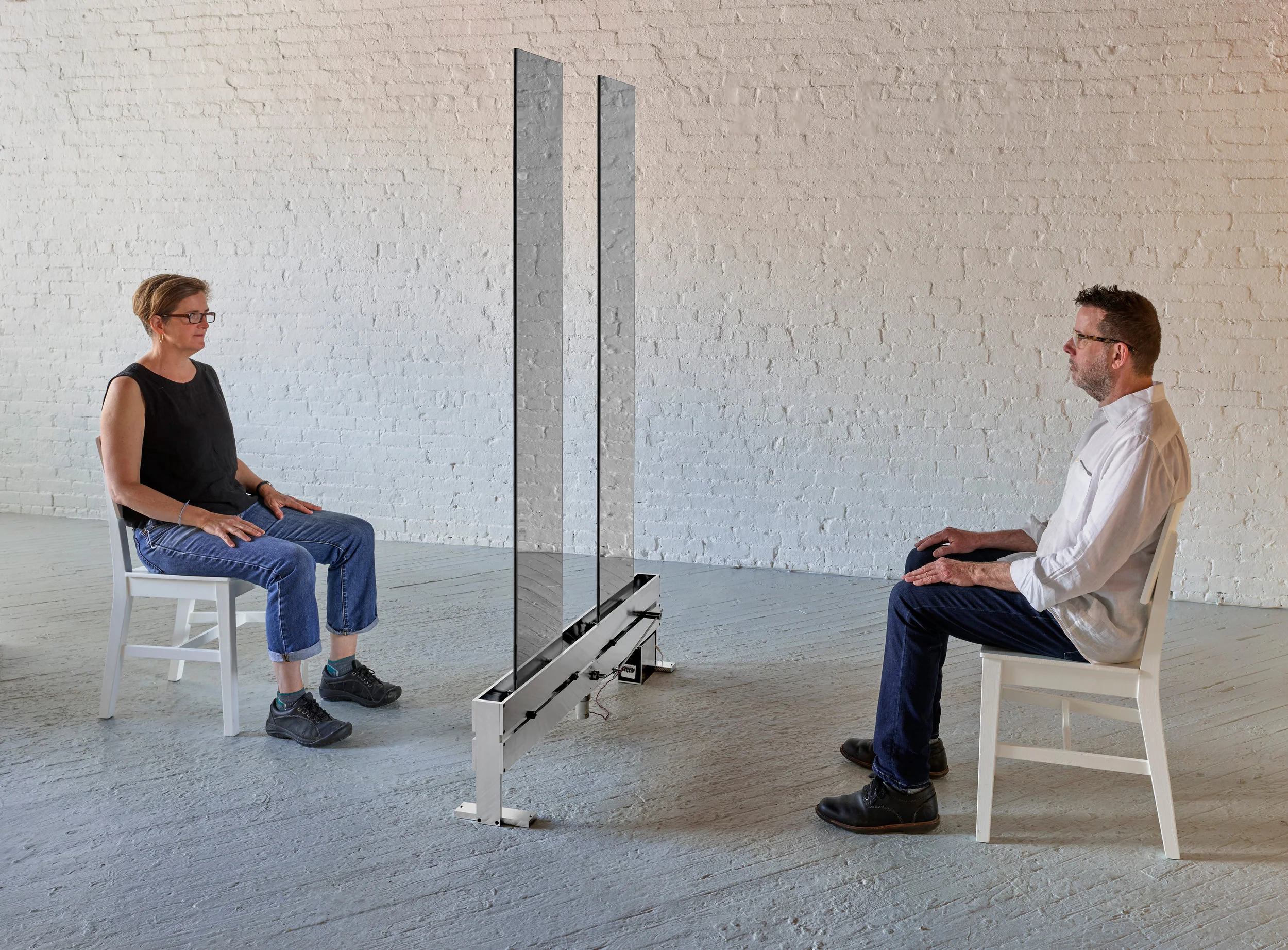 Anne Lilly , To See , acrylic mirrors, aluminum, stainless steel, delrin, motor microprocessor, chairs, 78"H x 48"W x 8"D