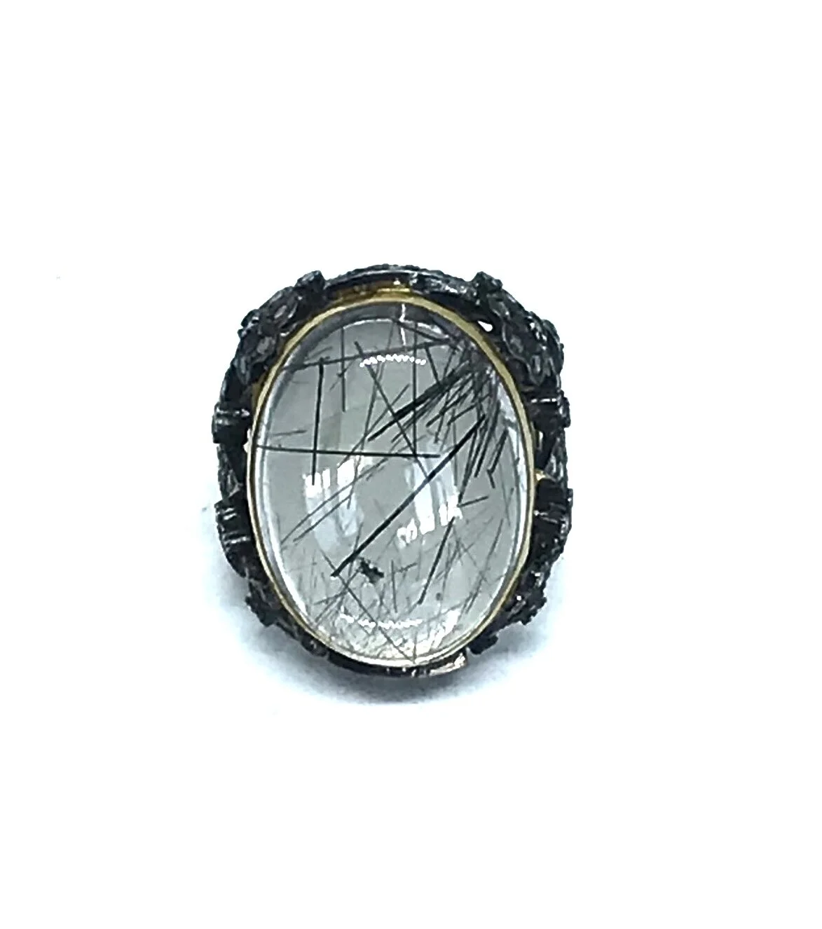 RUTILATED QUARTZ OVAL RING W/DIAMONDS