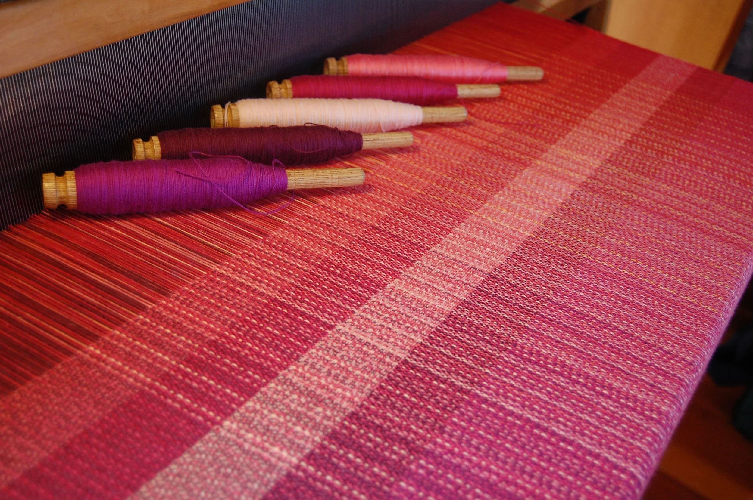 cotton wefts - magenta cotton, plum organic cotton, light peach cotton, raspberry Egyptian cotton, mercerized Egyptian Giza cotton