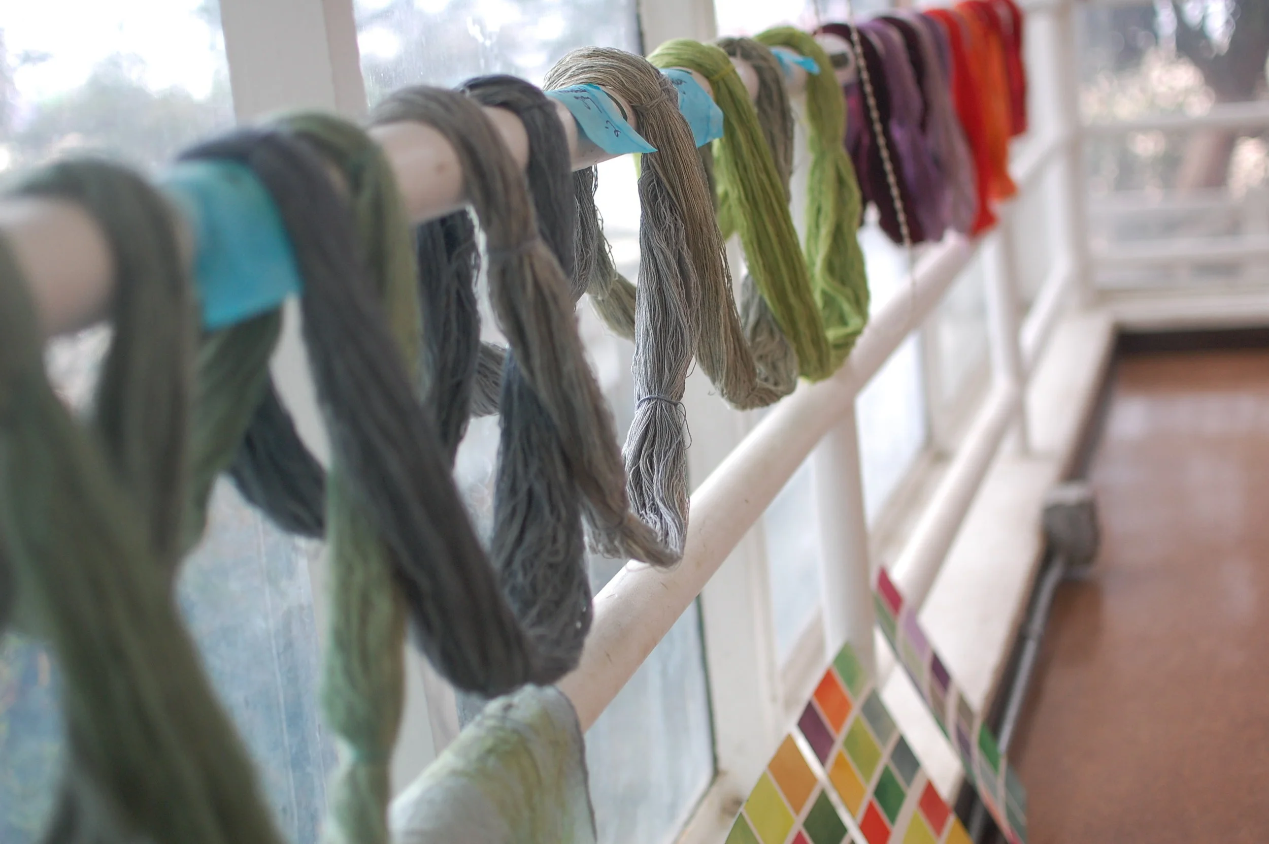 some of the dyed skeins of yarn - shown with watercolor studies