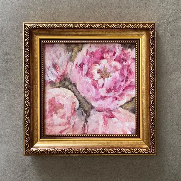 Original small floral painting titled Peony Sonata by fine artist Lisa Livingston. Exquisite peony botanical art study on archival panel, available via the Studio Store